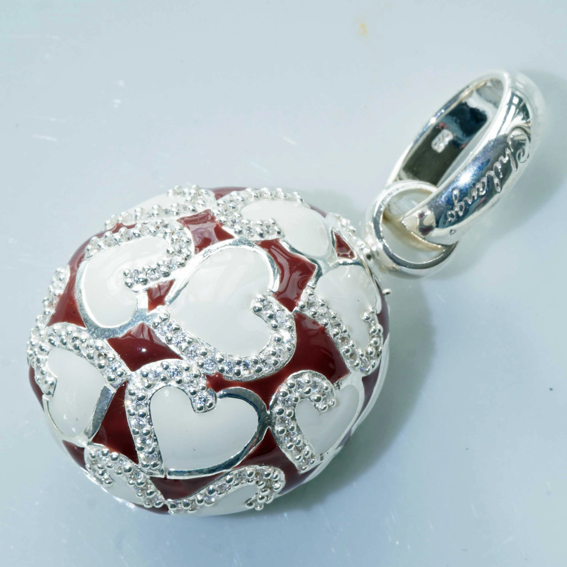 Original Chilango Anhänger im Stil Faberge Emaille Heart rot-braun 925er Silber mit Steinbesatz