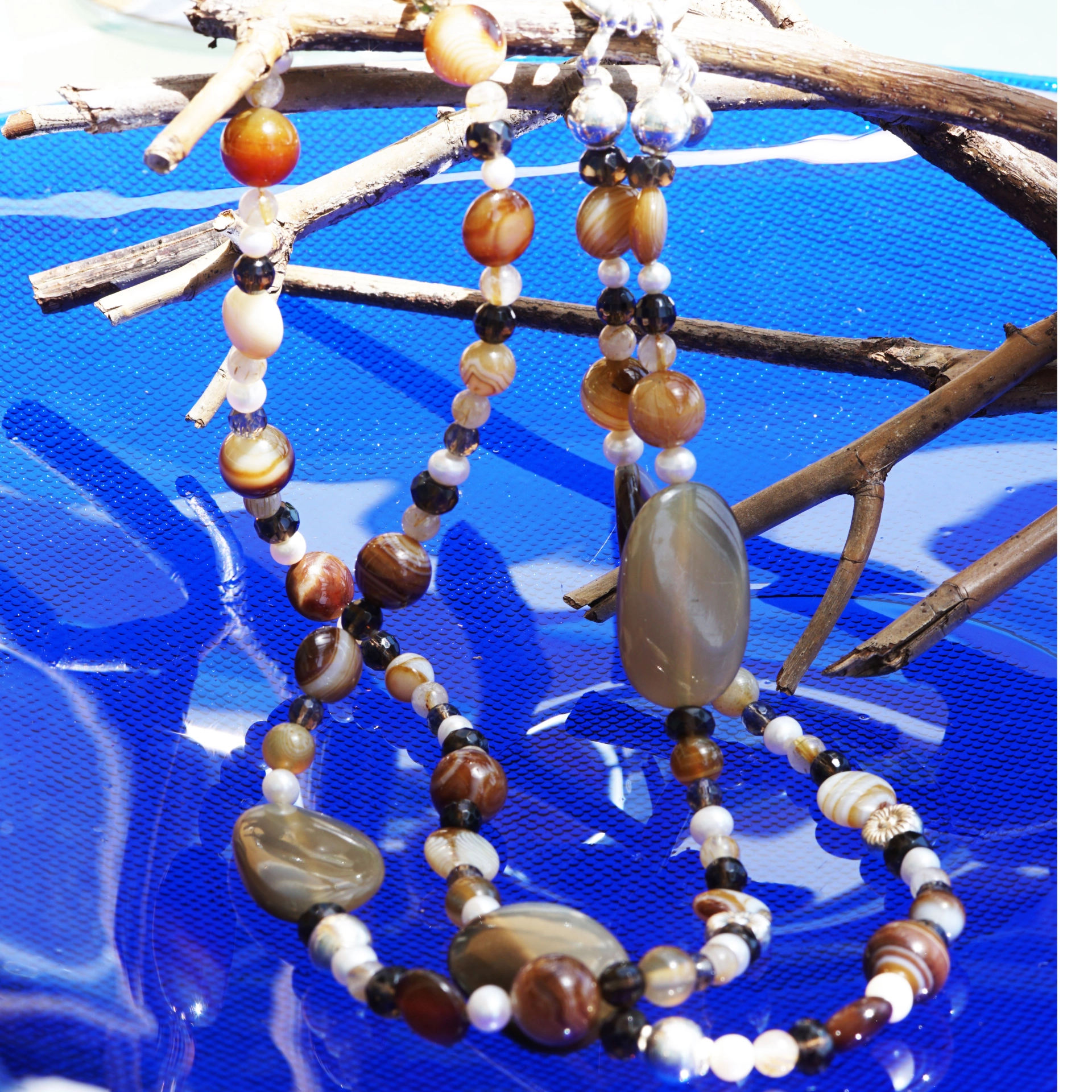 Chilango Kette Out of Nature Legends 100 925er Silber Horn Achat Perlen Rauchquarz Rutilquarz