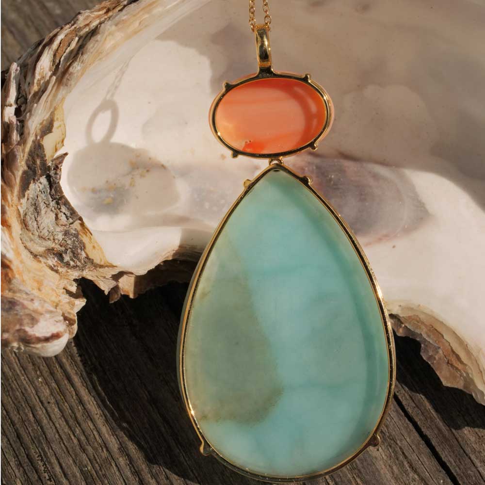 XL Larimar Koralle Anhänger 105 ct 9 ct in 585er Gelbgold...hat Potential zum Lieblingsstück zu werden