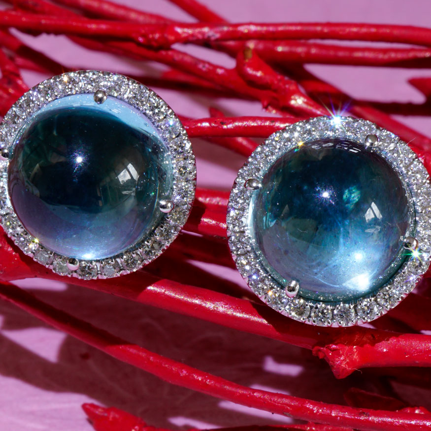 Blautopas Brillant Ohrstecker  750er Weissgold..Lightblue Bubble..13 mm Durchmesser 