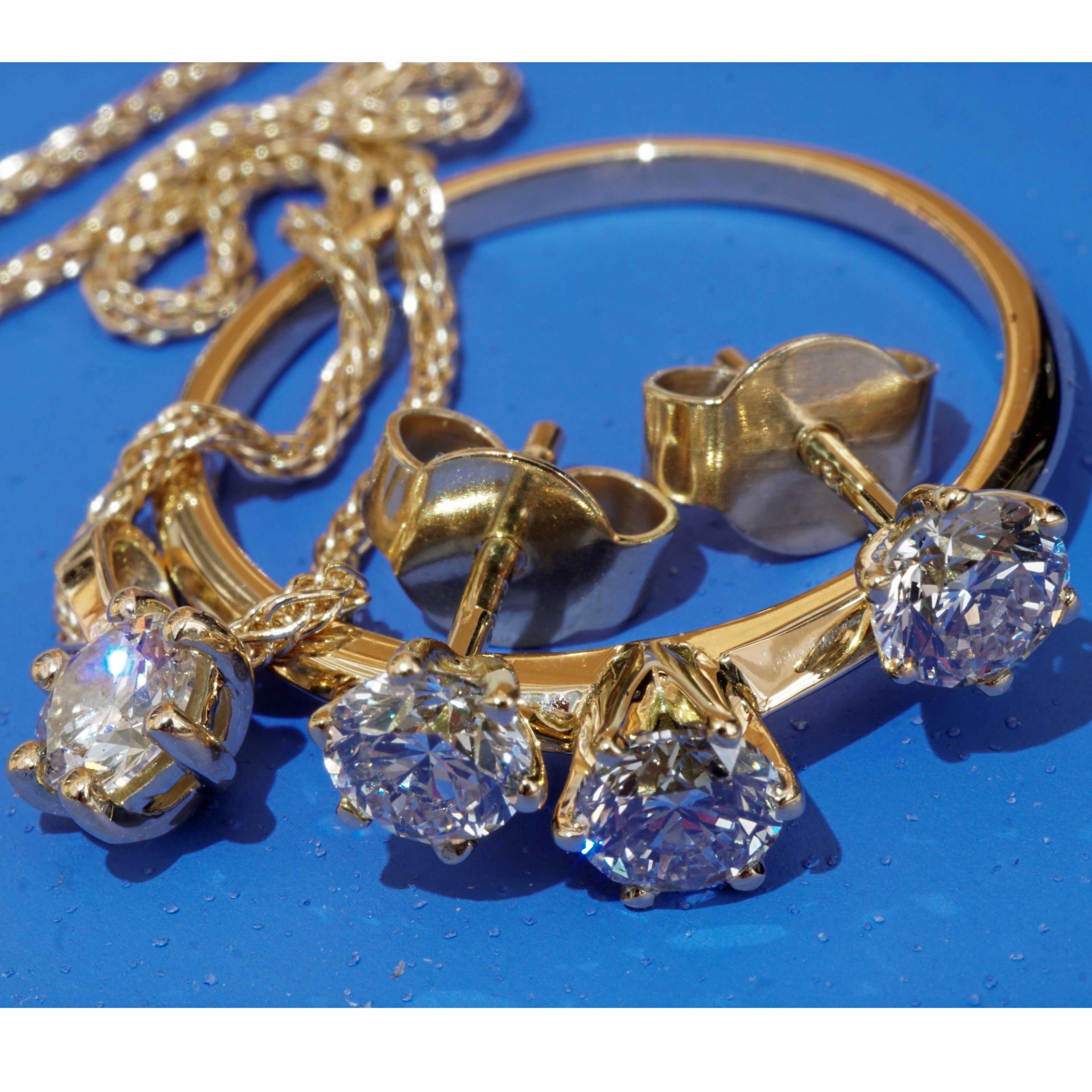 Brillant Ring Anhänger Ohrstecker 750er Gelbgold Set 1.20 ct Getönt VS Silhouette Schmuck