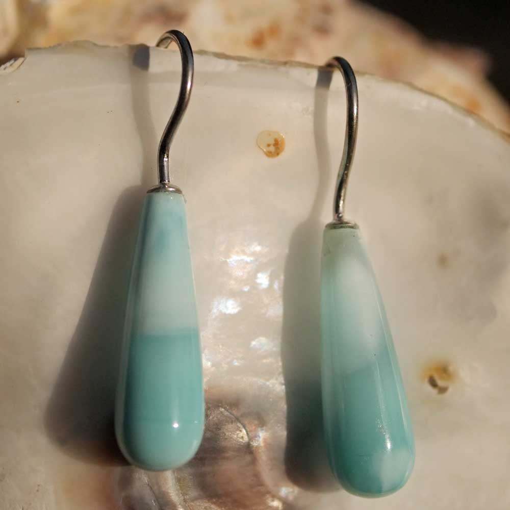 Larimar Pampel Ohrhänger mit großen Ohrhaken 585er Gold rhodiniert 36,5 x 7 mm
