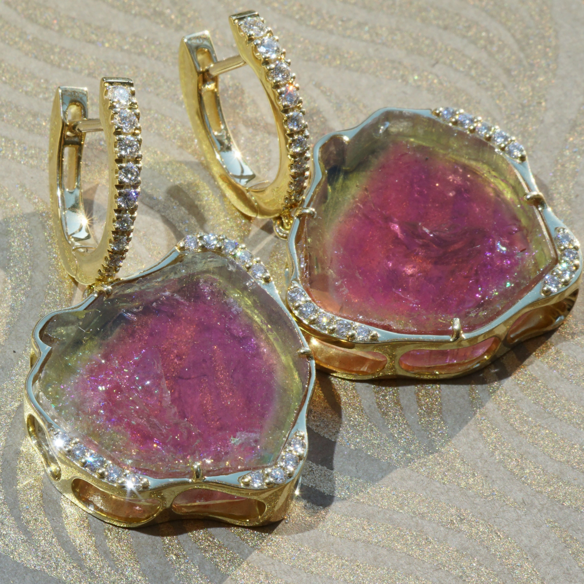 Wassermelonen Turmalin Brillant Ohrhänger 750er Gelbgold 31.97 ct 0.45 ct....Wunder der Natur