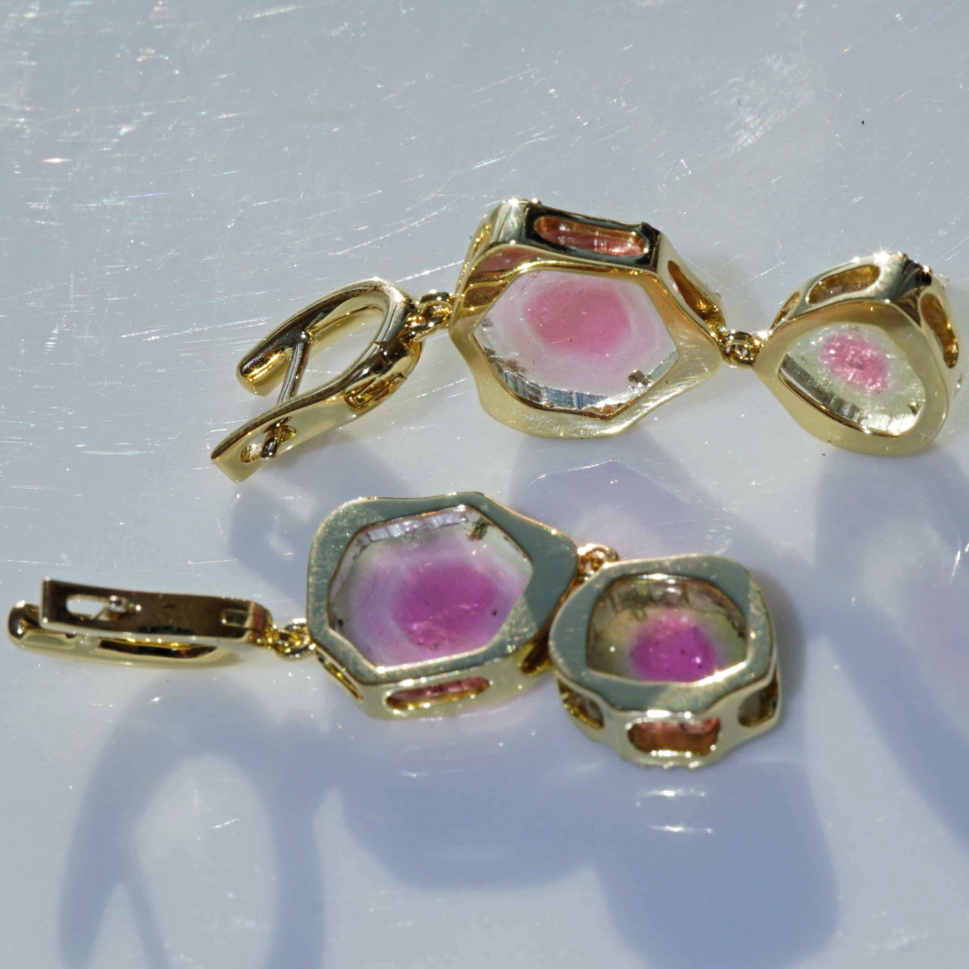 Turmalin Brillant 30 ct Wassermelonen Set Ring Anhänger Ohrhänger 750er Gelbgold