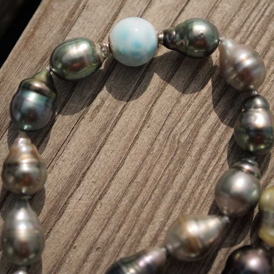 Larimar Tahiti Zuchtperl Collier 8-11  mm barocke schöne Qualität mit intensiven Lüster unbehandelt 46,50 cm lang