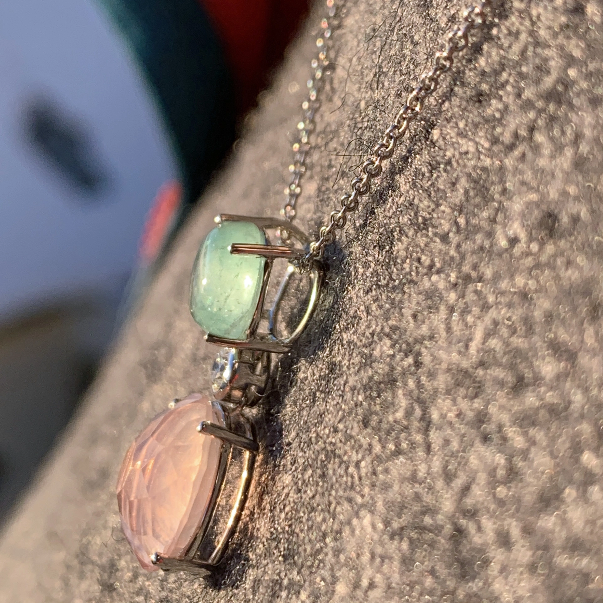 Smaragd Rosenquarz Brillant Anhänger mit Kette 750er Weissgold ...romantic story