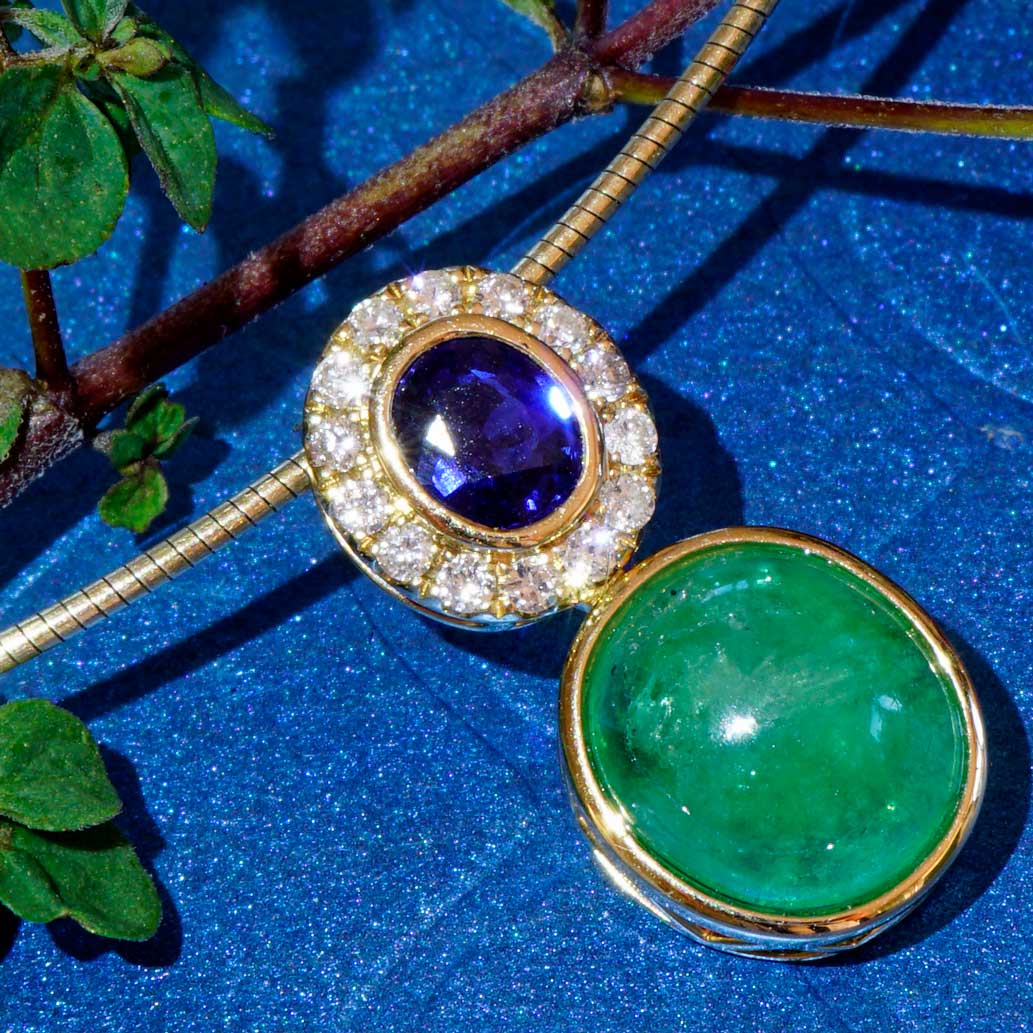 Saphir Smaragd Brillant Anhänger 750er Gelbgold blau-grün.....Farbengewaltig! 4.16 ct und 0.77 ct