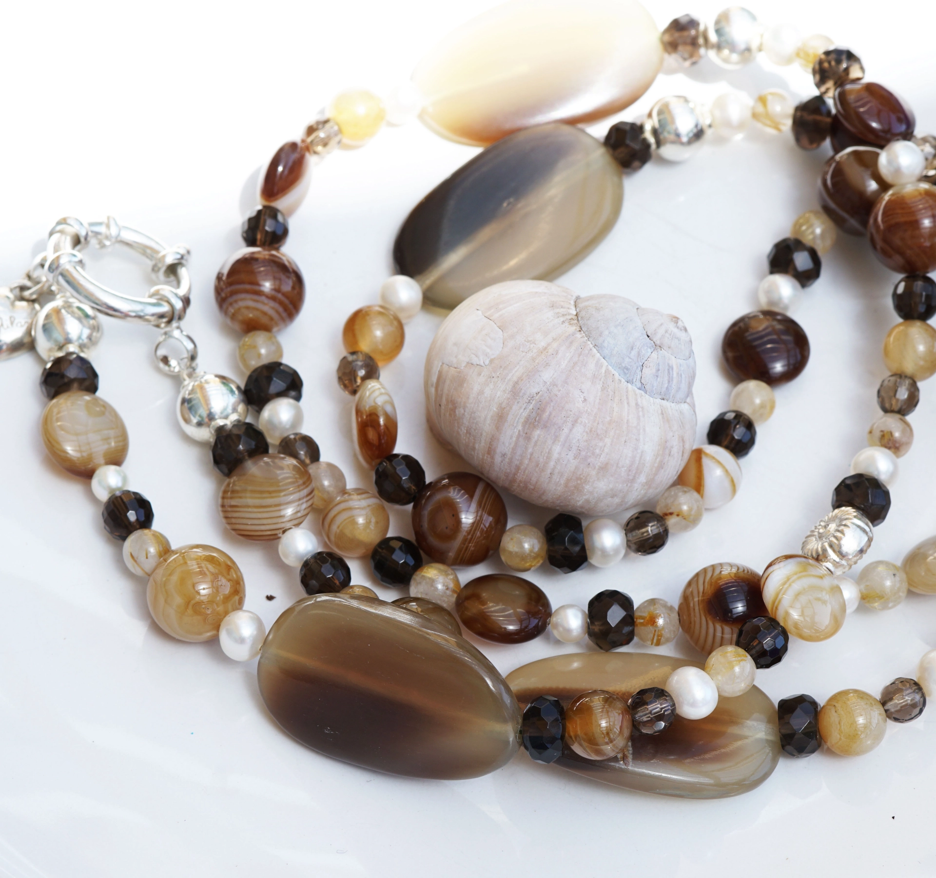 Chilango Kette Out of Nature Legends 100 925er Silber Horn Achat Perlen Rauchquarz Rutilquarz