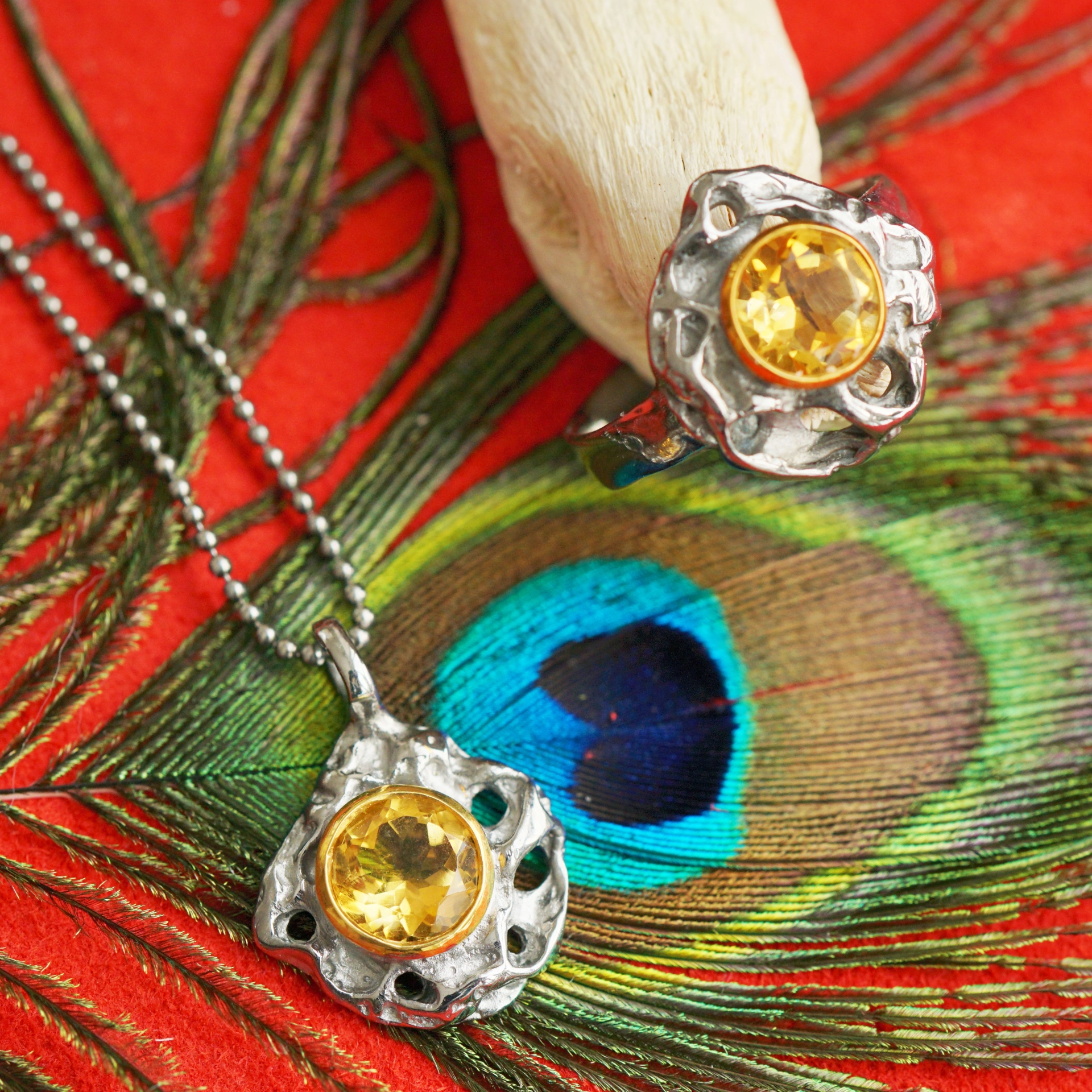 Set:Citrin Anhänger und Ring Silber schwarz rhodiniert 14,5 x 15 mm Handarbeit