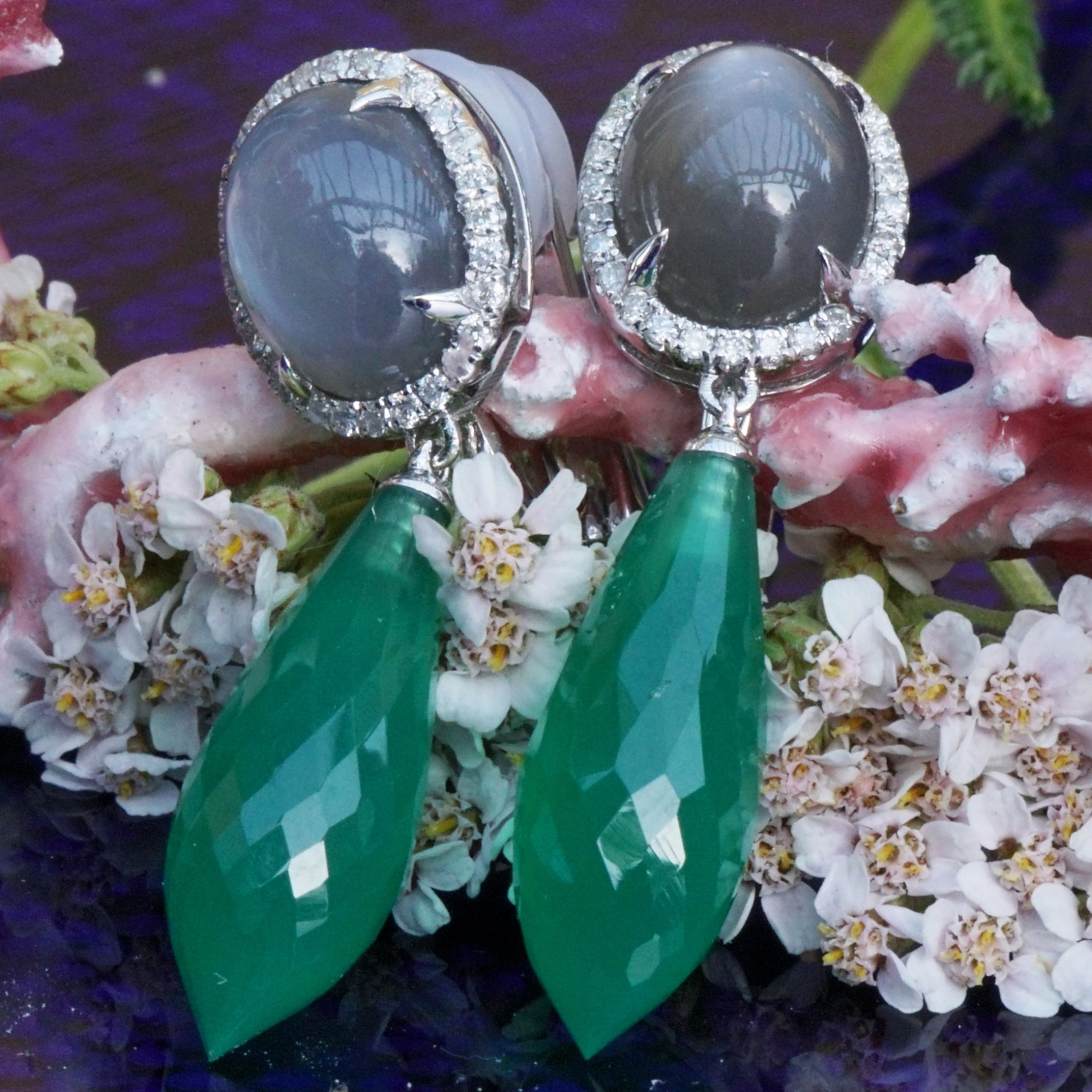 Ohrhänger Brillant Achat Mondstein BALI MOONSHINE 17 ct 750er Gold SW 4.320.-Euro