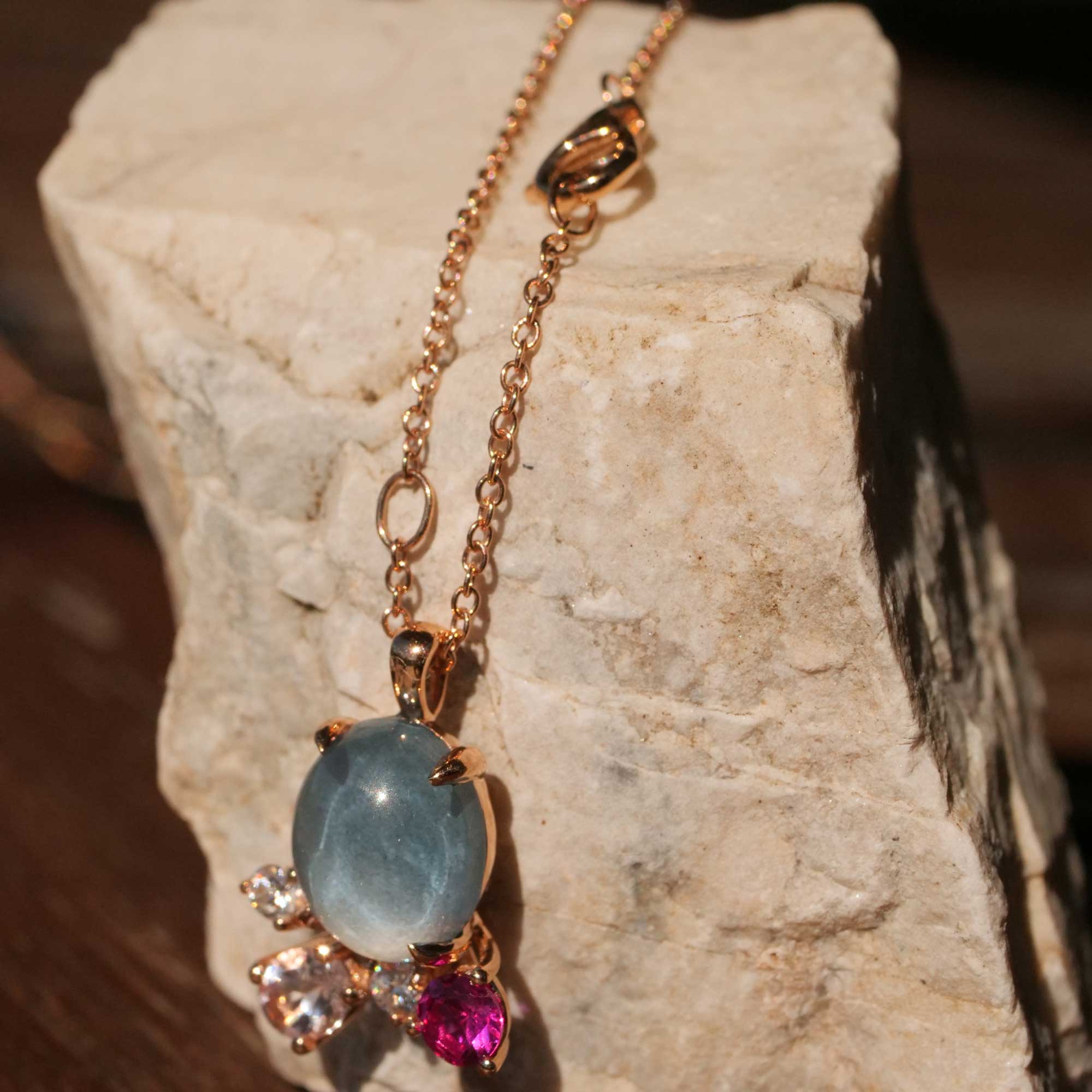 Topas Turmalin Morganit Brillant Anhänger mit Kette 750er Rosegold erlesener Schmuck aus Italien