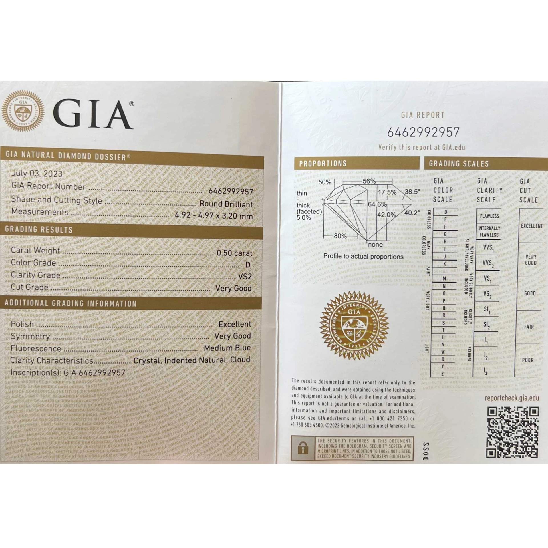 Brillant Ring rund 0.50 ct hochfeines weiss D / VS2  4.9-3.2 mm 750er Gelbgold GIA Gutachten