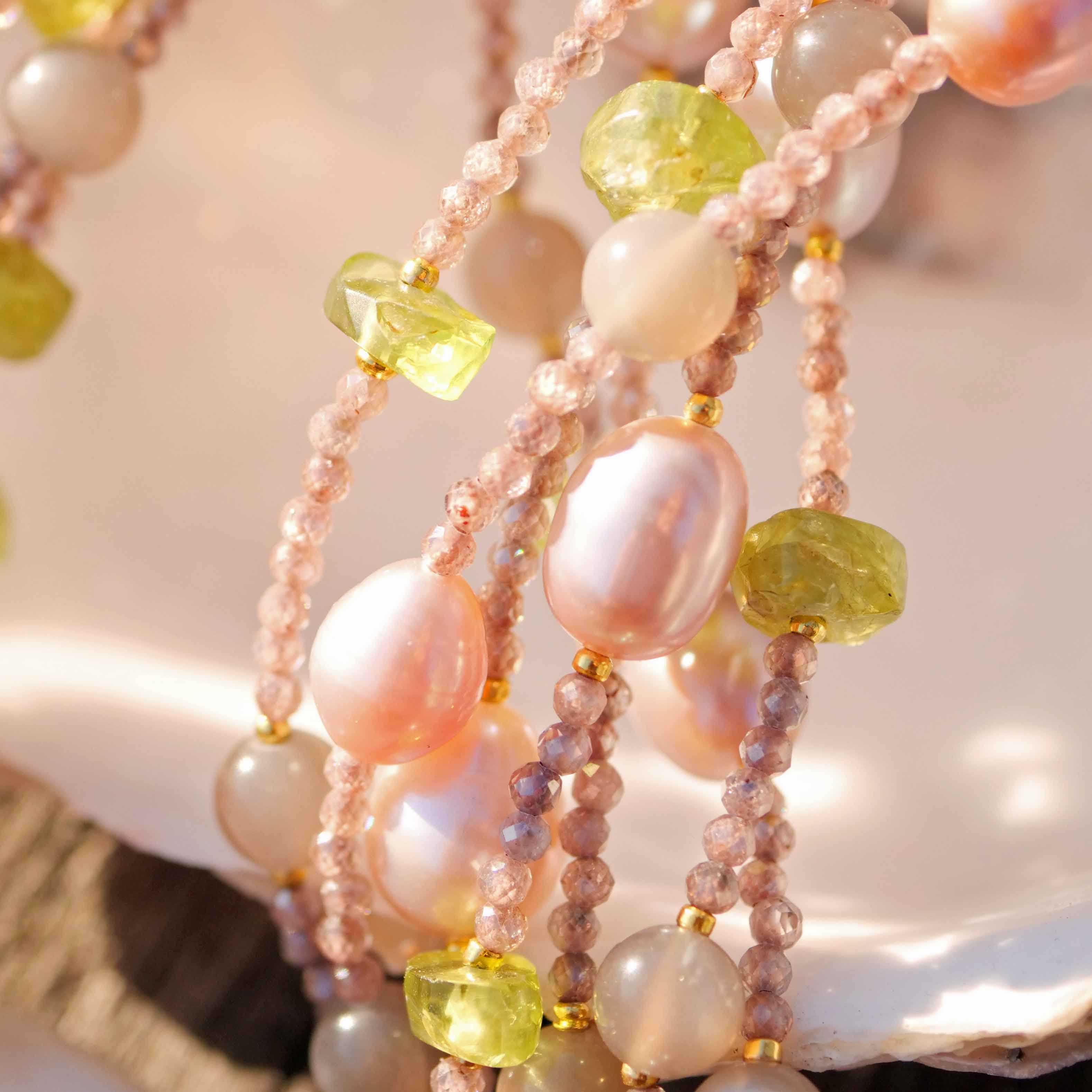 Turmalin Peridot Mondstein Perl Collier mit Magnetschliesse in vergoldet 49,5 cm 7-reihig 