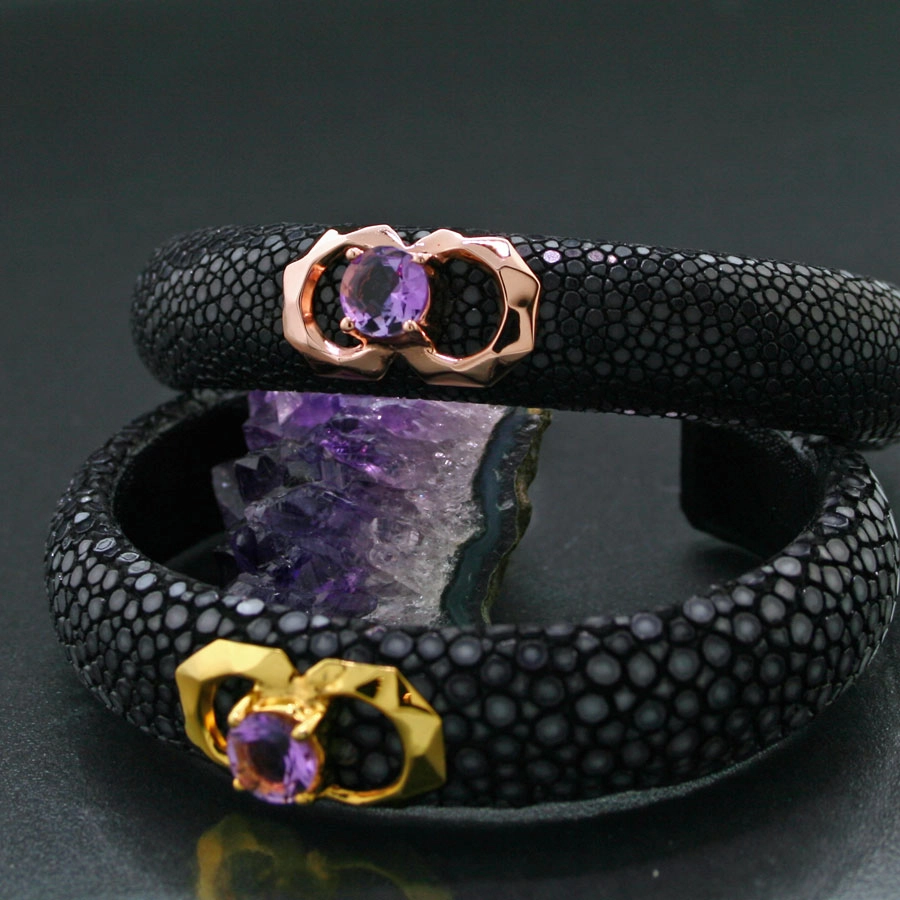 Amethyst Rochenleder Armreif 925er Silber korallpink 14 mm breit