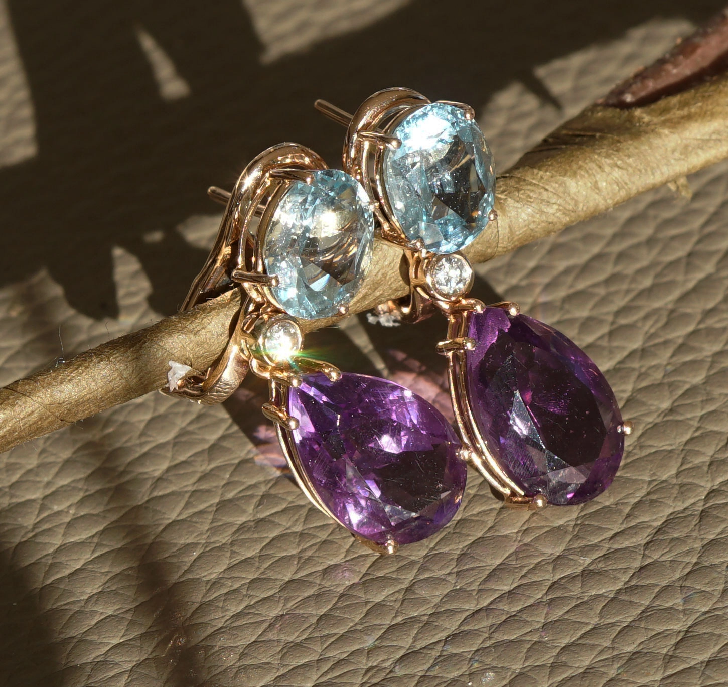 Aquamarin Amethyst Ohrhänger m. Brillanten in 750er Rosegold hochwertig