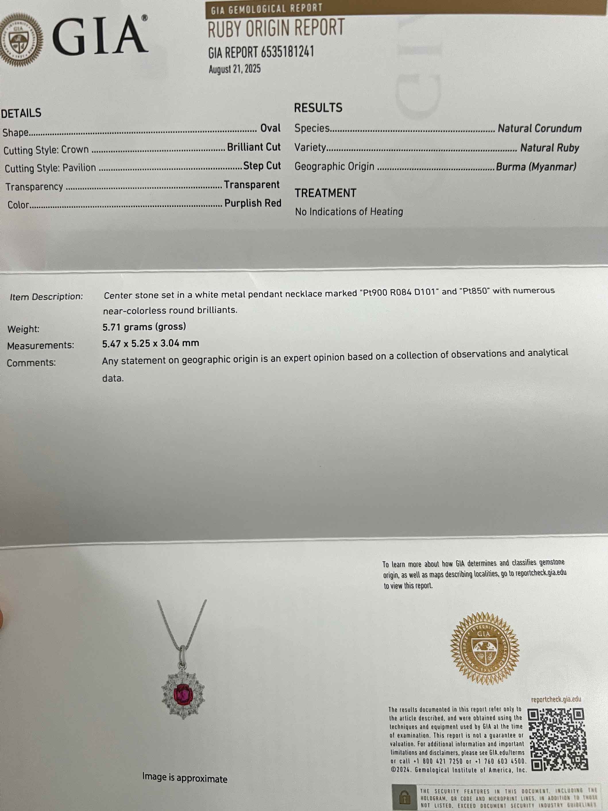 BURMA unerhitzt Rubin Brillant Anhänger m. Kette 0.84 ct 1.01 ct GIA Zertifikat 900er/850er Platin 