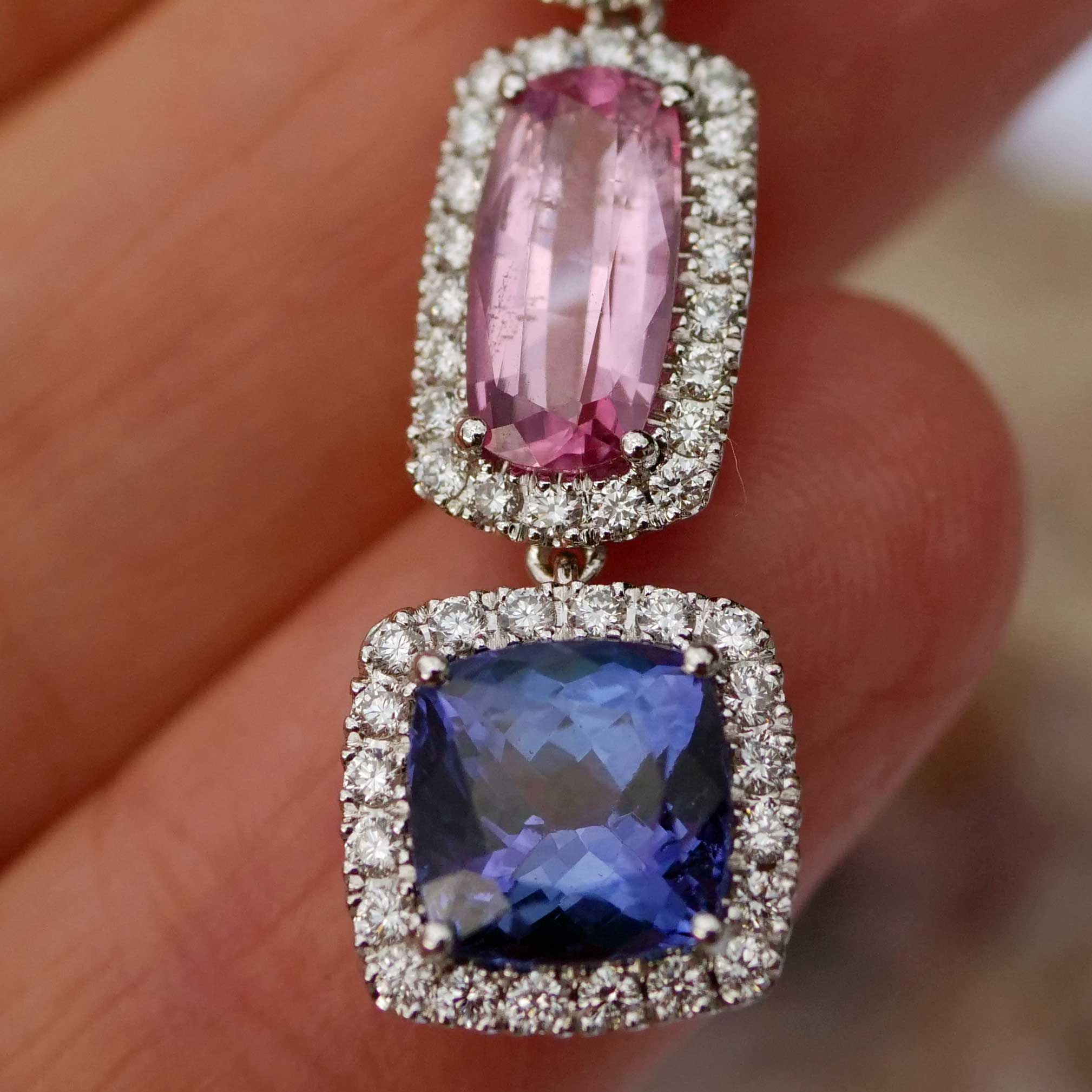 Tansanit Spinell Brillant Anhänger m. Kette 750er Weissgold 6 ct 0.70 AAA+ Blaulilie und Traumrosa