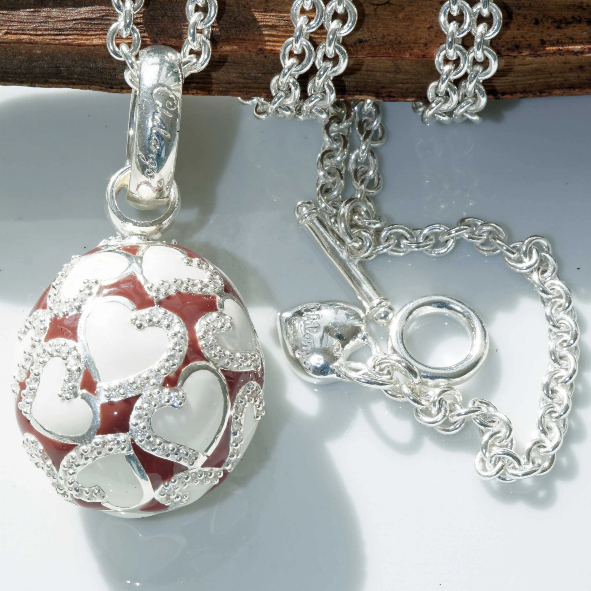 Original Chilango Anhänger im Stil Faberge Emaille Heart rot-braun 925er Silber mit Steinbesatz