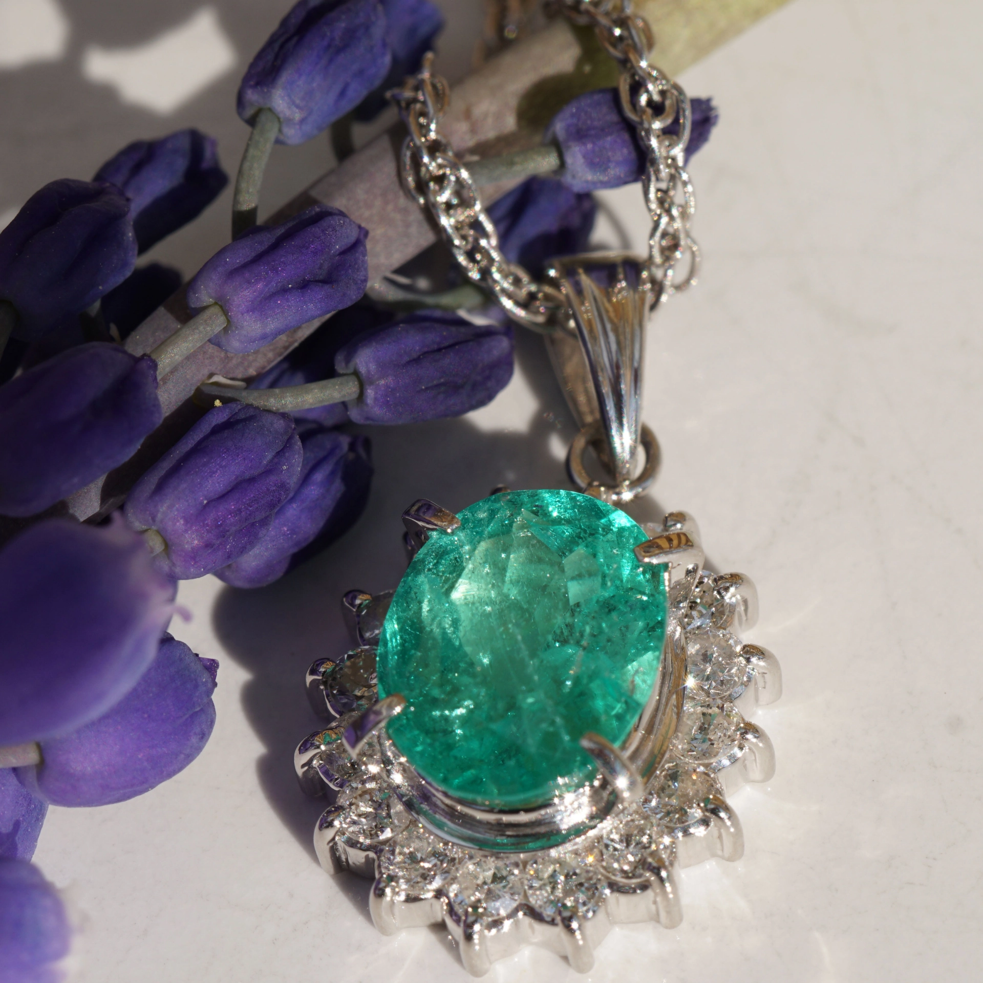 Smaragd Brillant Anhänger m. Kette 1.74 ct 0.50 ct AAA+ 900er Platin Kolumbien