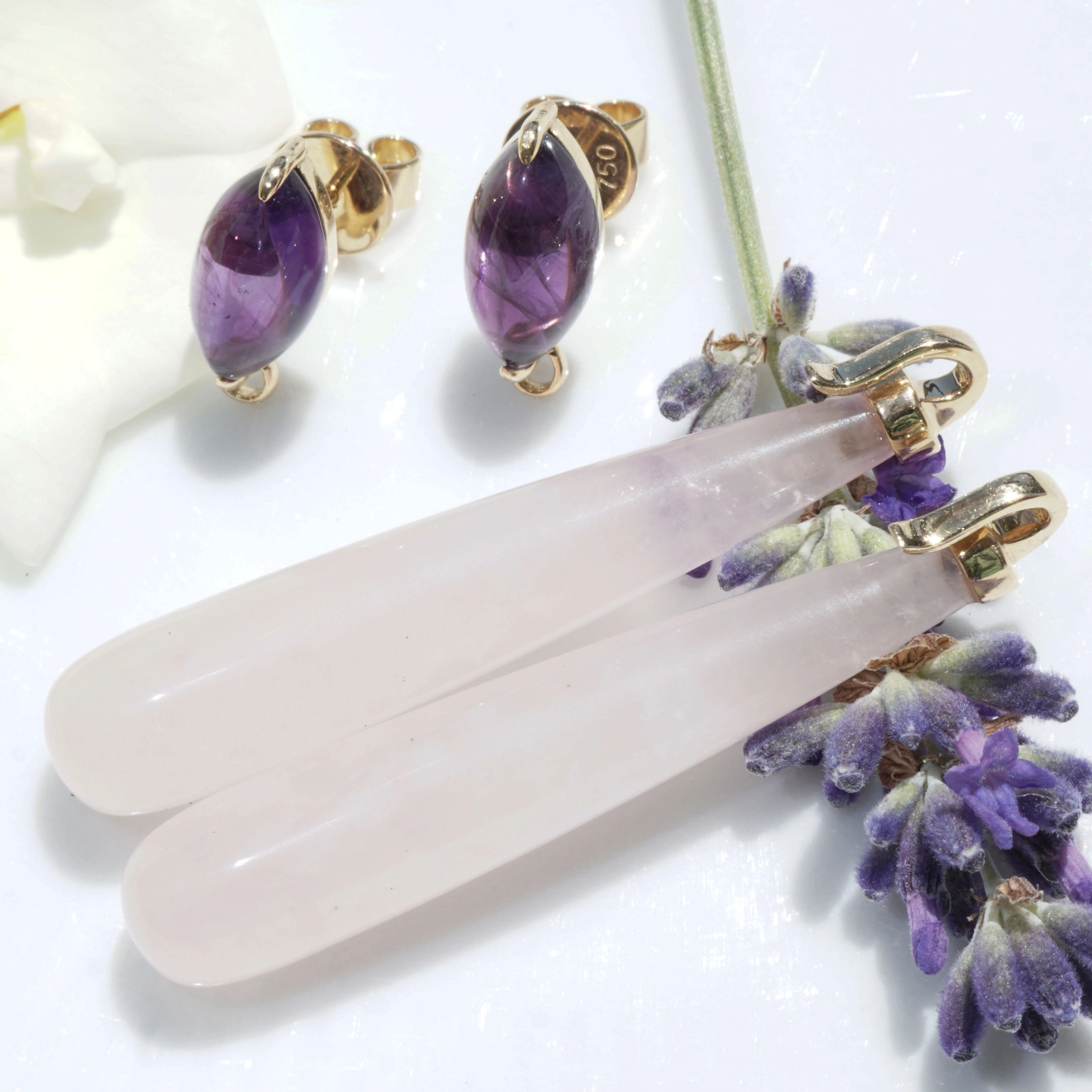 Rosenquarz Amethyst Ohrhänger 750er Gelbgold...pink-violette Versuchung...aushängbare Pampel