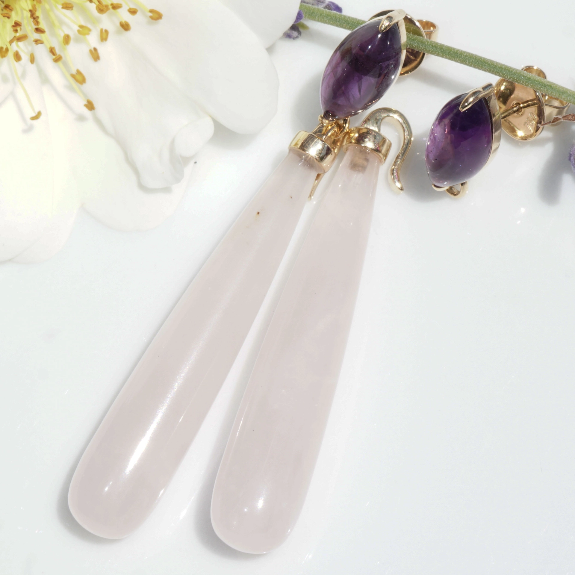Rosenquarz Amethyst Ohrhänger 750er Gelbgold...pink-violette Versuchung...aushängbare Pampel