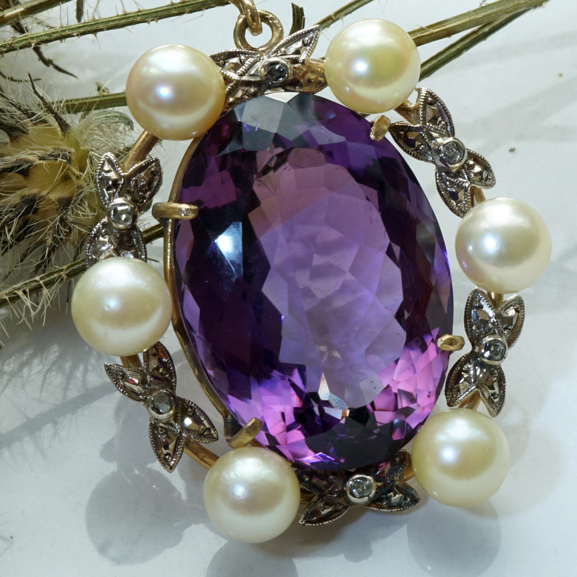 Akoya Zuchtperl Amethyst Diamant Anhänger Clip 585er Gelbgold Retro Stil TOP Amethyst