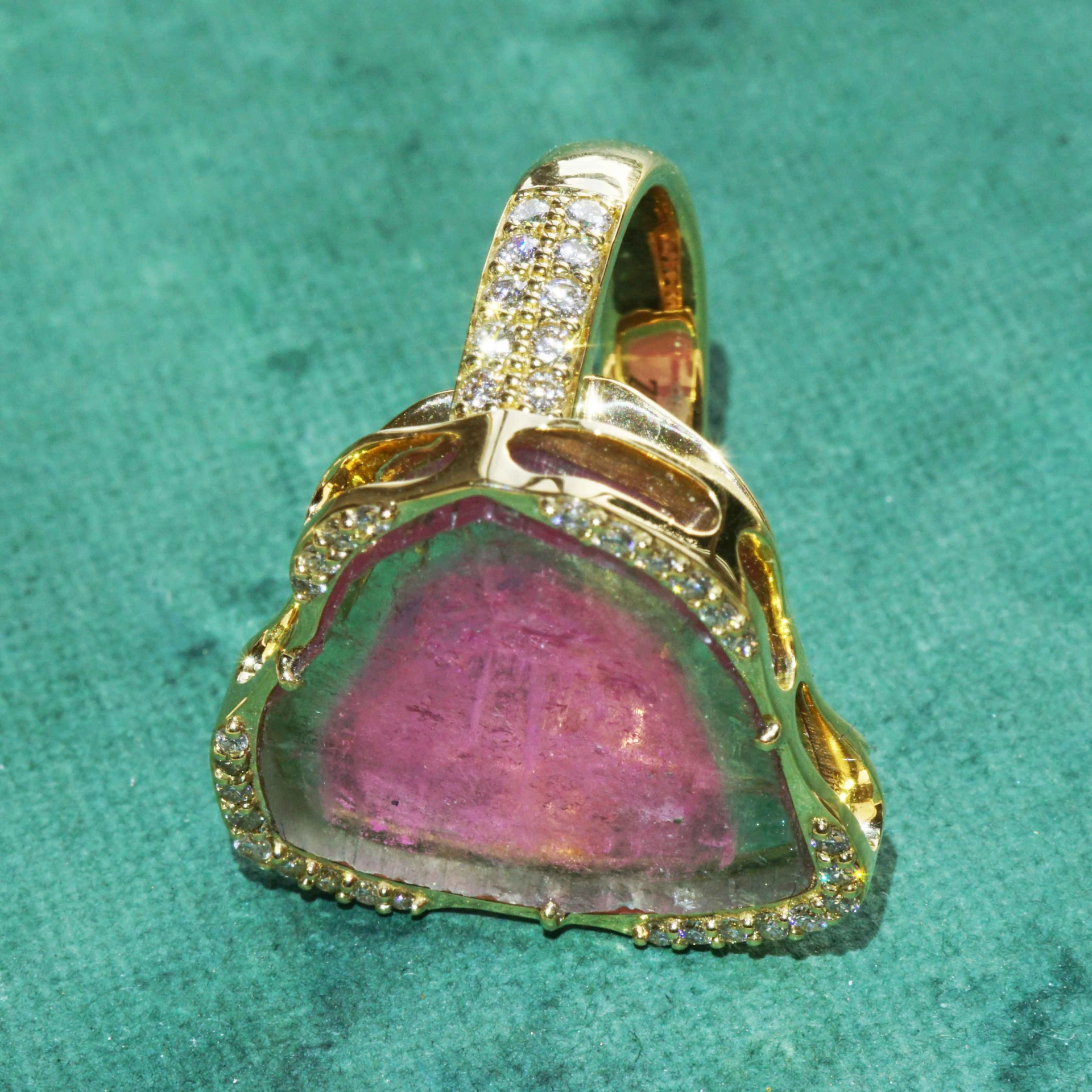 Turmalin Brillant 30 ct Wassermelonen Set Ring Anhänger Ohrhänger 750er Gelbgold