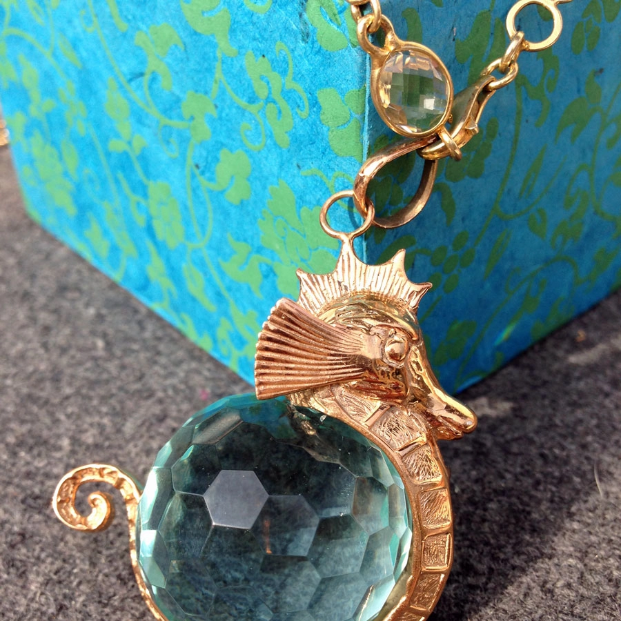 Seepferdchen-Anhänger, Obsidian, Silber/rosevergoldet