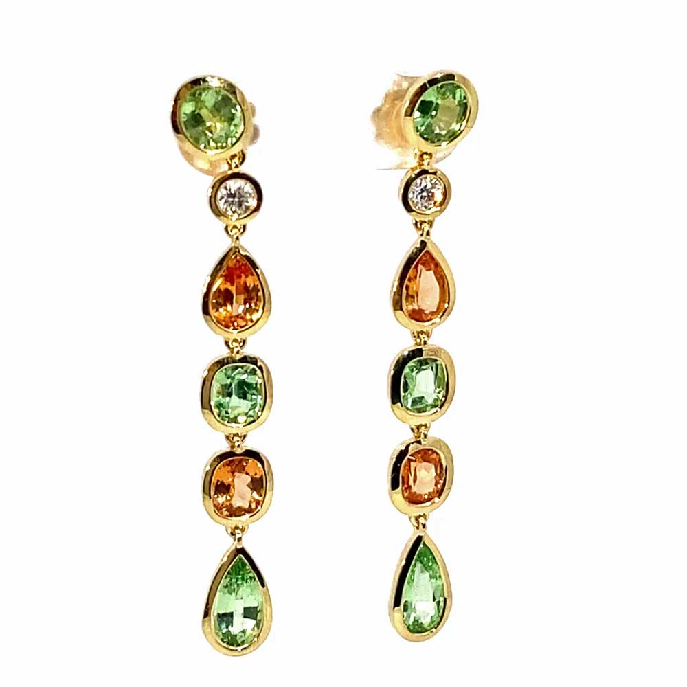 Seltene Mandarin Granat Tsavorith Brillant Chandelier Ohrhänger  750er Gelbgold 6.21 ct 0.24 ct Ausnahmefarbe Orange und Grün