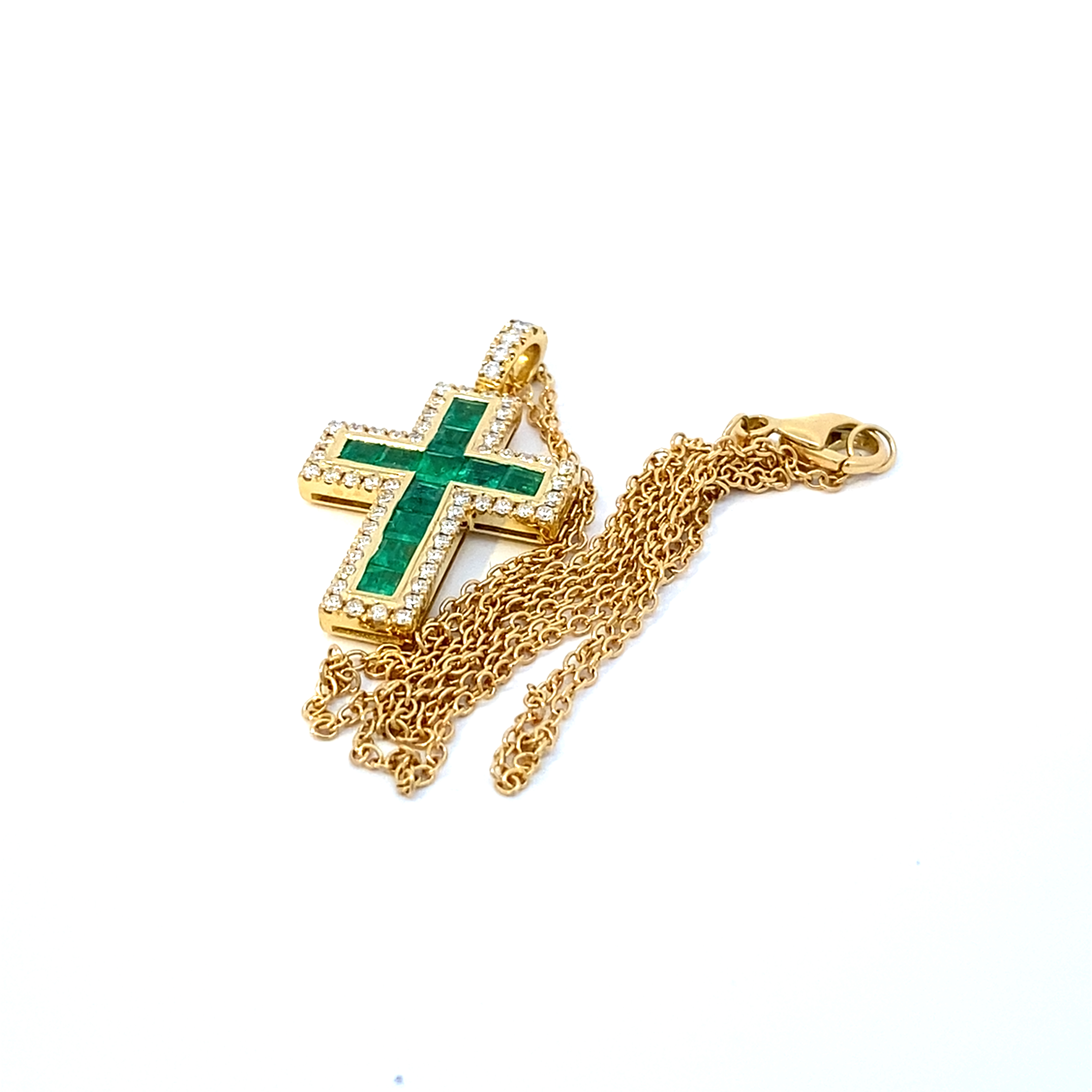 Leuchtend grünes AAA+ Panshir Smaragd Brillant Kreuz mit Kette in 750er Gelbgold - 0.98 ct 0.38 ct TW VS