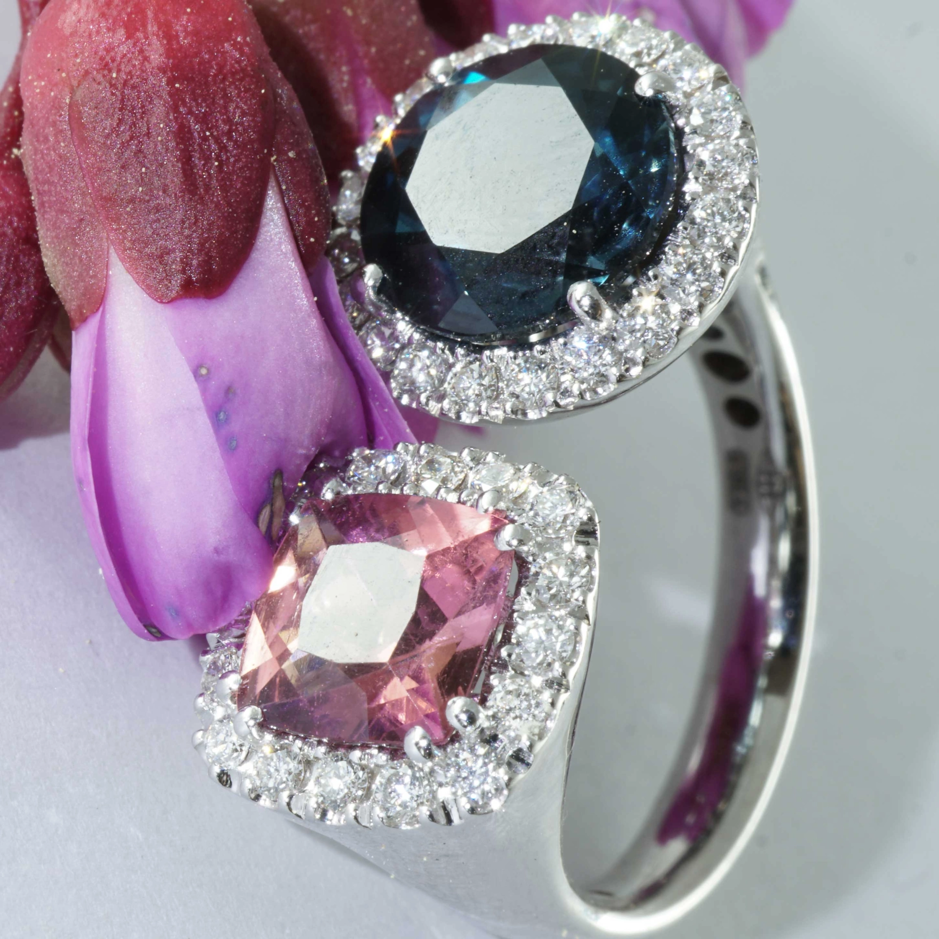 Rosa Turmalin Blautopas Brillant Ring 750er Weissgold 1.41 ct 3.38 ct 0.56 ct...Zwillingsring