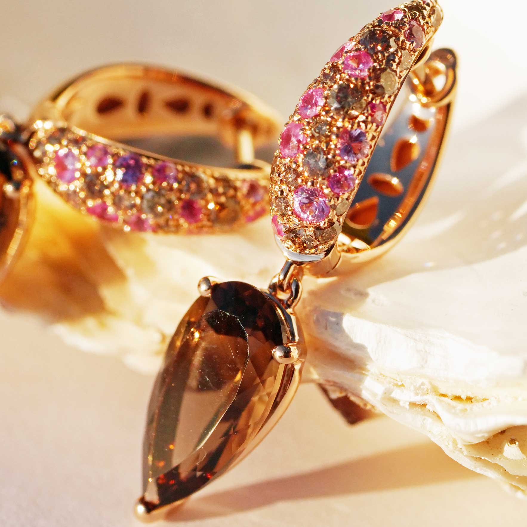 Saphir Rauchquarz Brillant Ohrhänger 750er Rosegold...edle Kombination.. in rosa und mocca 6 ct 0.51 ct 