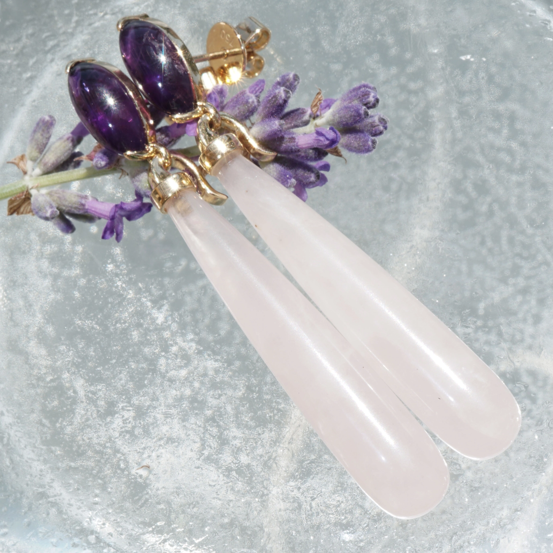 Rosenquarz Amethyst Ohrhänger 750er Gelbgold...pink-violette Versuchung...aushängbare Pampel