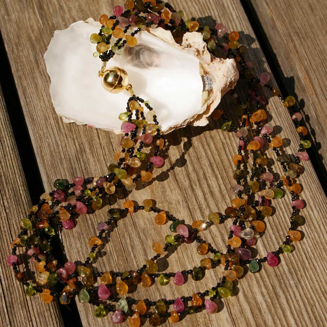 Turmalin Spinell Collier mit Magnetschliesse in 925er Silber/vergoldet 49,5 cm 5-reihig