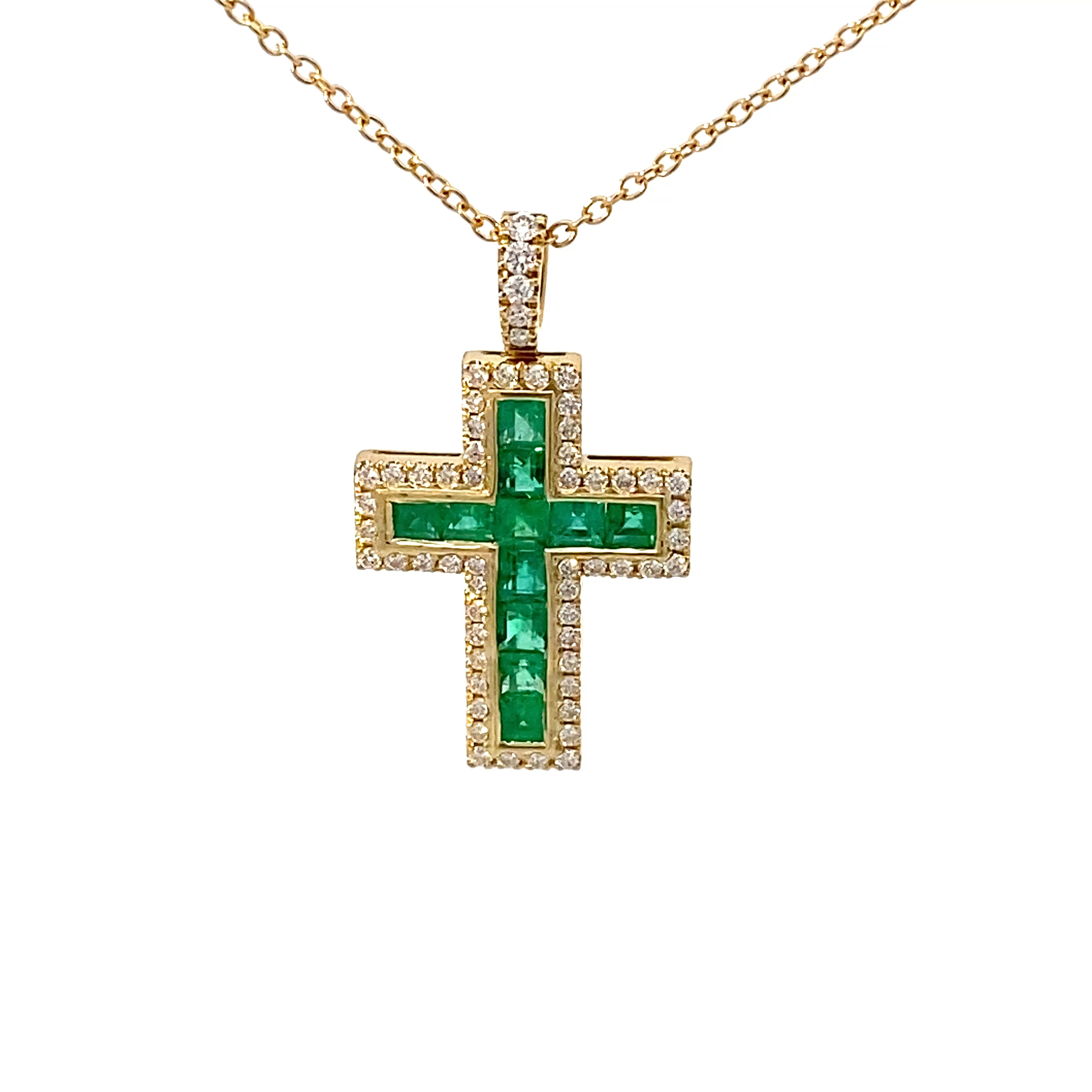 Leuchtend grünes AAA+ Panshir Smaragd Brillant Kreuz mit Kette in 750er Gelbgold - 0.98 ct 0.38 ct TW VS