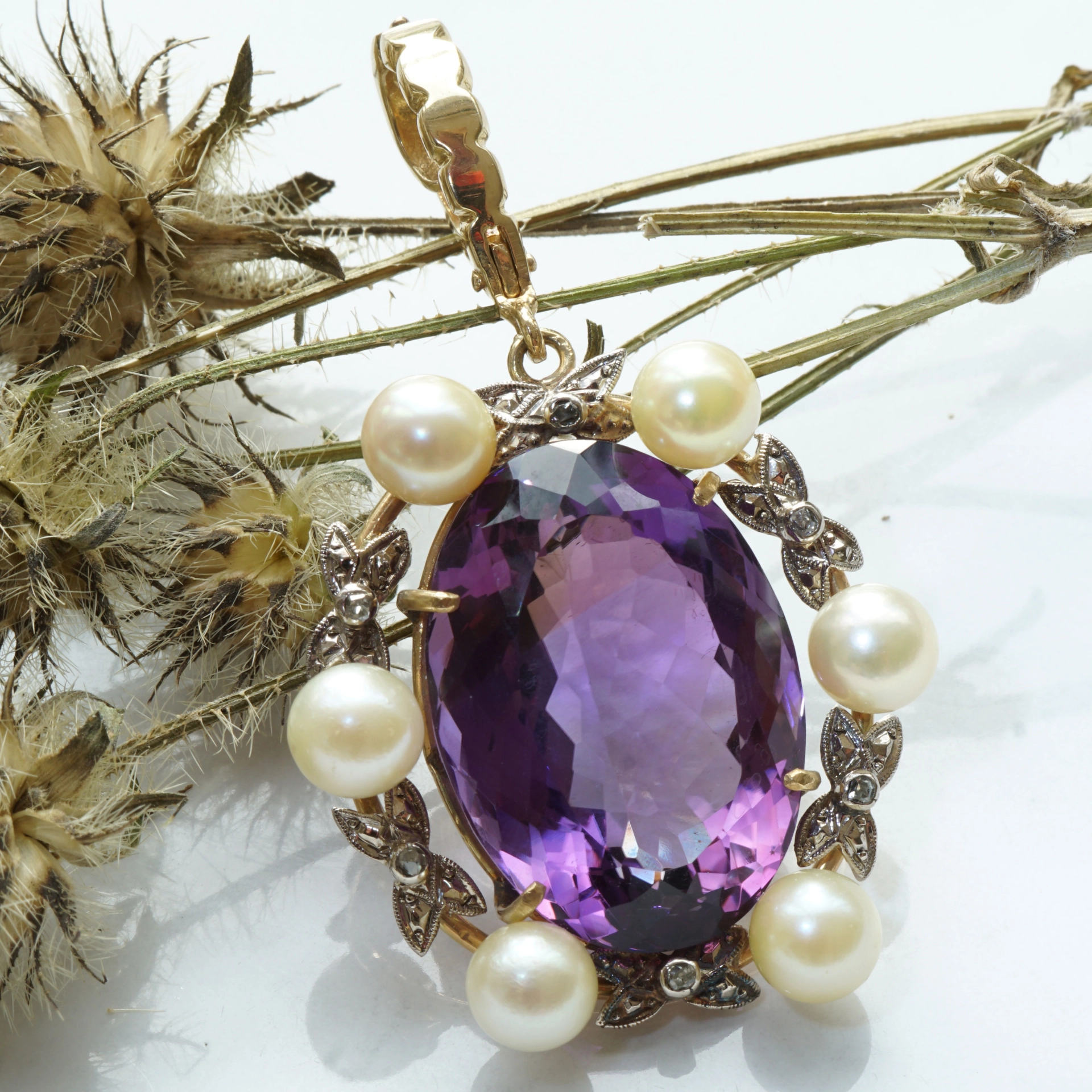 Akoya Zuchtperl Amethyst Diamant Anhänger Clip 585er Gelbgold Retro Stil TOP Amethyst