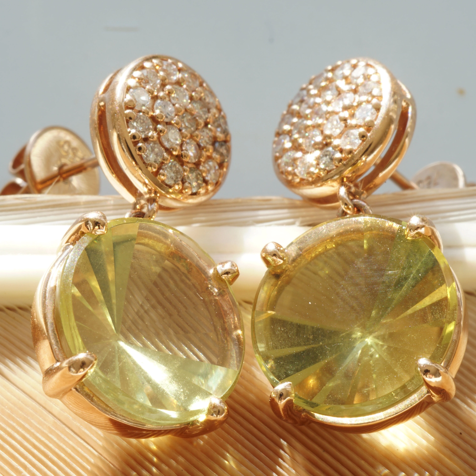 Lemoncitrin Brillant Ohrstecker 750er Rosegold Mastercut...grandioser Strahlenschliff