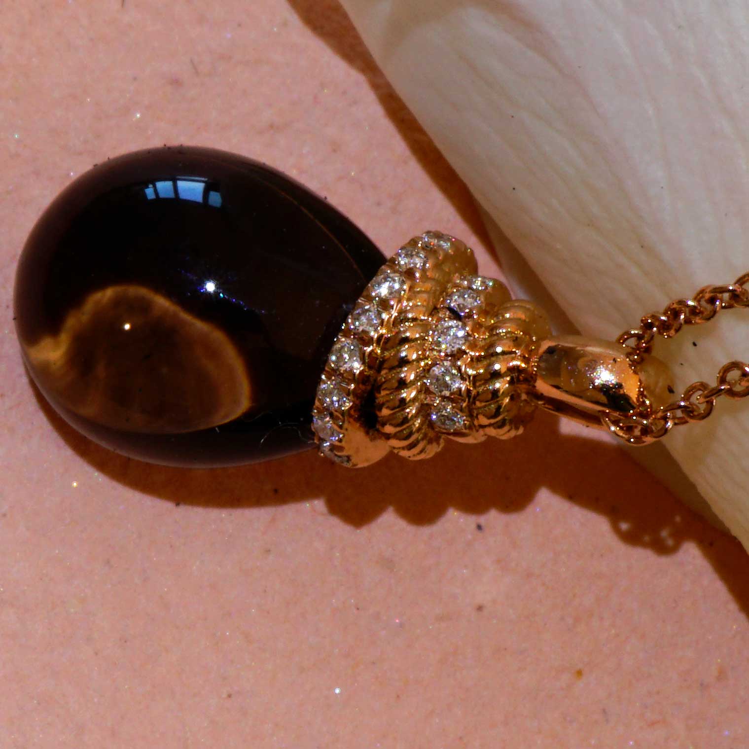 Für Segler...Rauchquarz Brillant Anhänger mit Kette 750er Rosegold...zarte Knotenform mit Drop 
