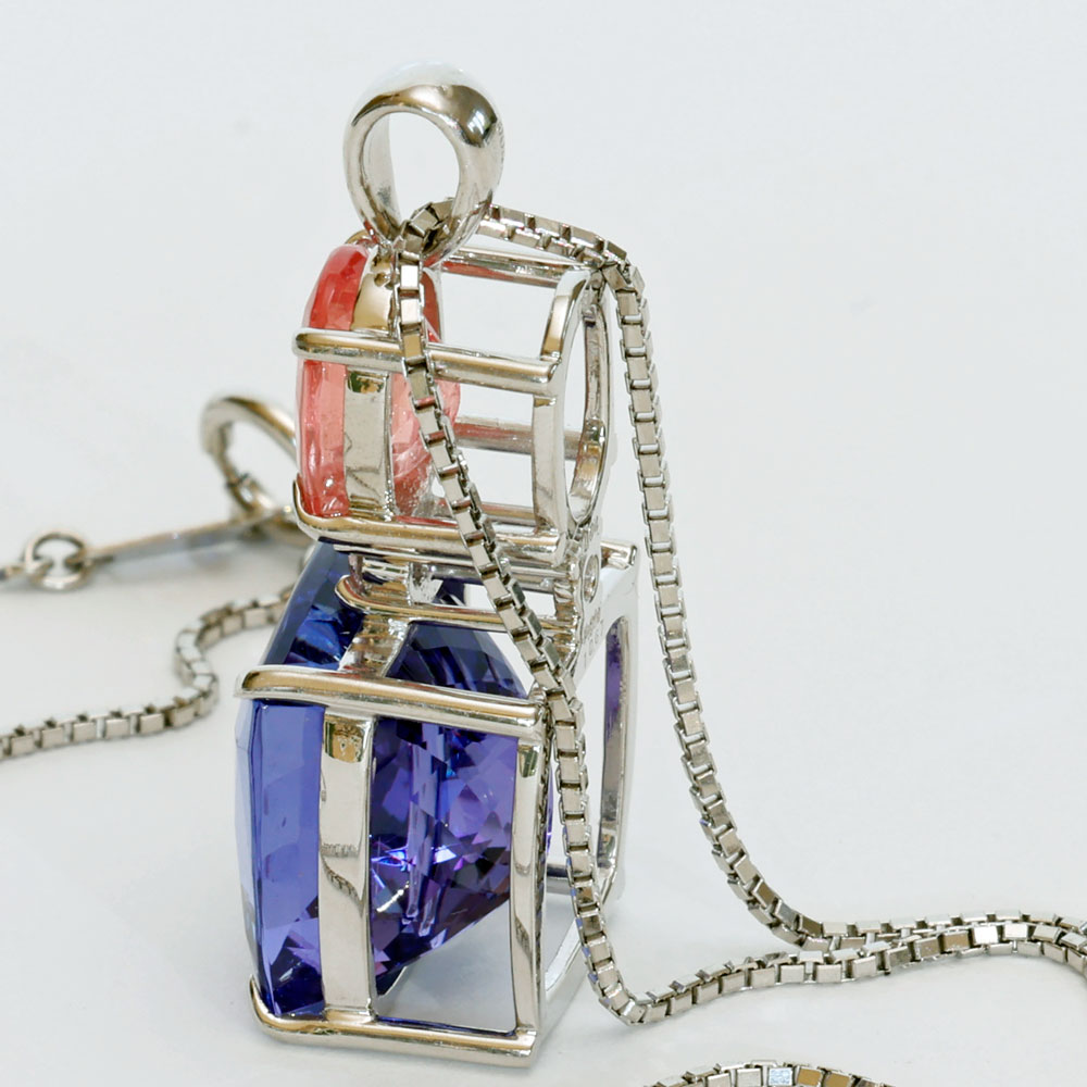 FARBENWUNDER Tansanit Rhodochrosit Anhänger m. Kette 10.6 und 1.84 ct AAA+ 900er Platin
