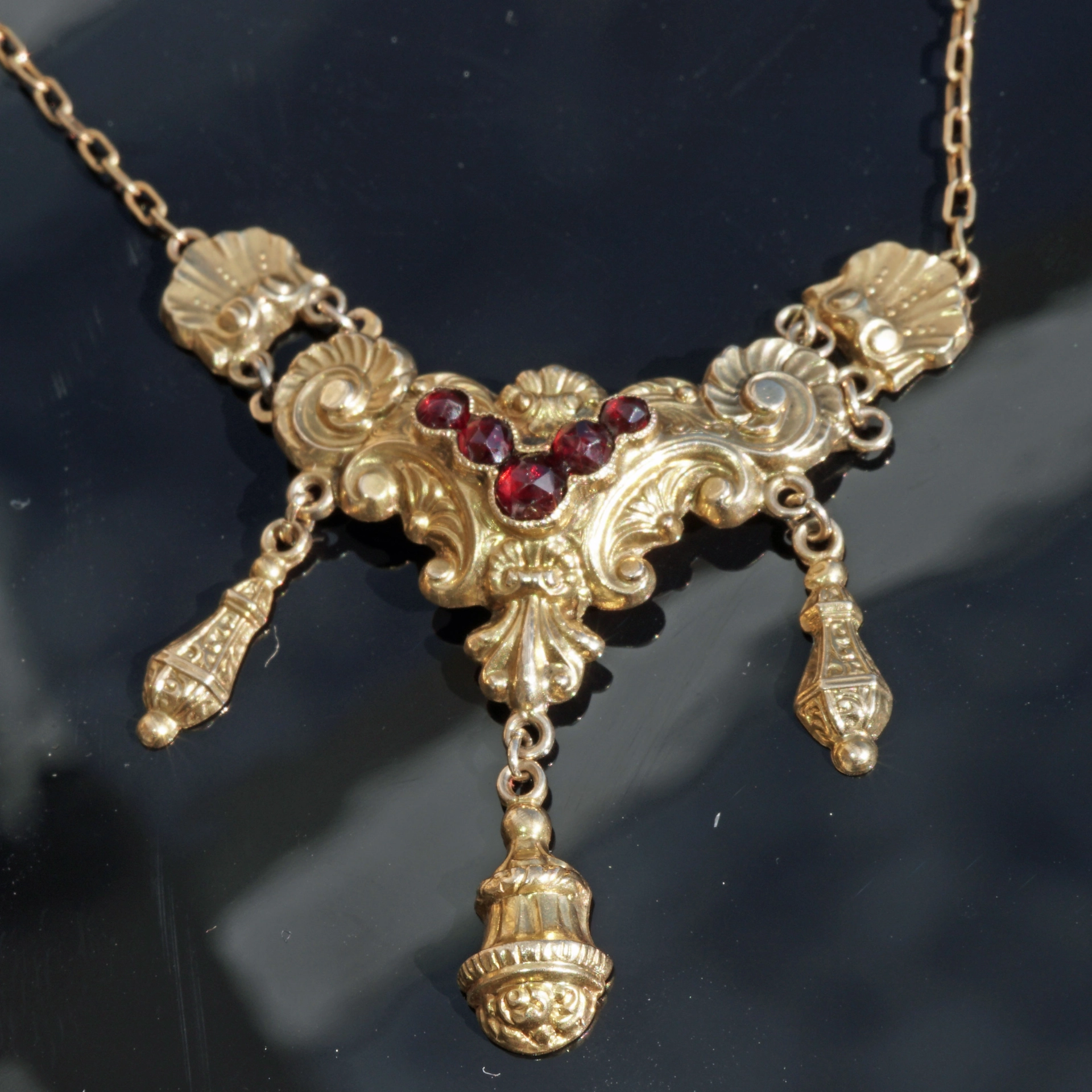 Biedermeier Collier um 1840 Walzgold auf Silber mit Kette in 585er Gelbgold Karfunkelmania
