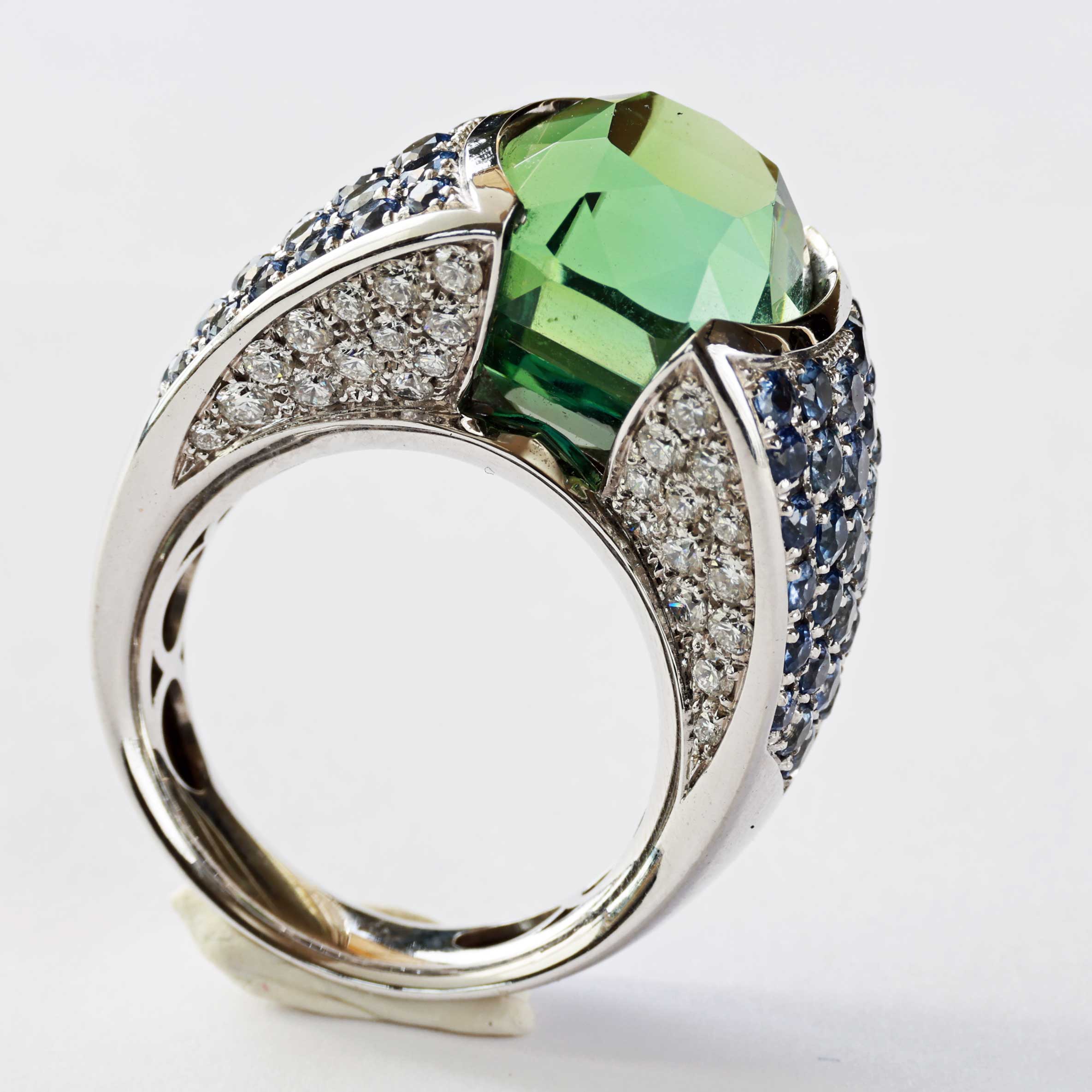 Lagoon Green Turmalin Saphir Brillant Ring 750er Weissgold Afghanistan 12.56 ct AAA+