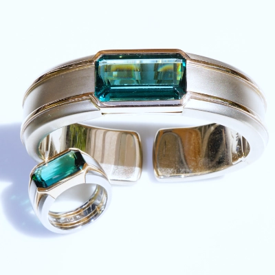 Hemmerle München Armreif und Ring 750er Gold Platin 21 und 6  ct Grün-Bläulicher Turmalin MEGA