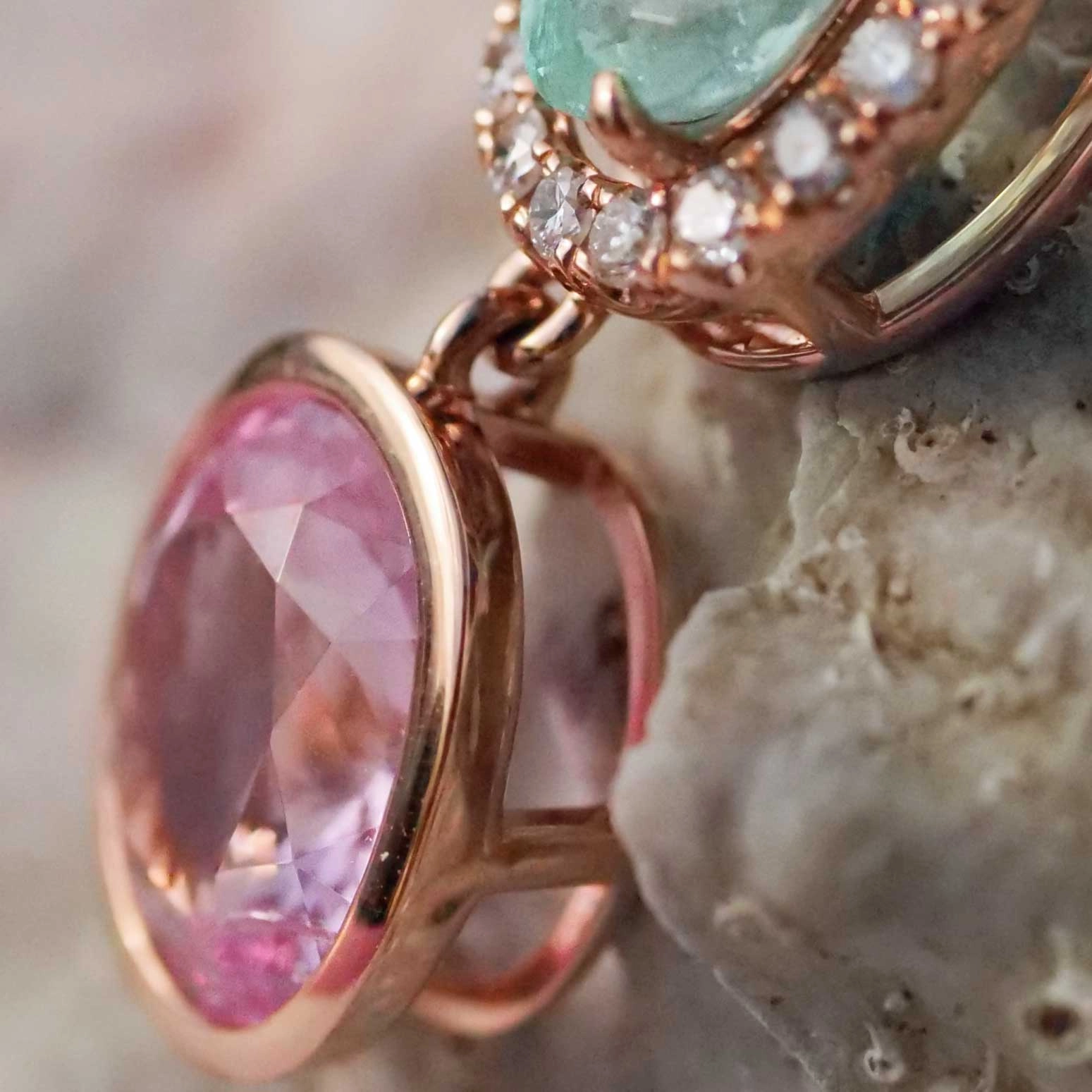 Paraiba Turmalin Spinell Brillant Anhänger 750er Rosegold Traumfarben Kombination Pink Blau-Grün