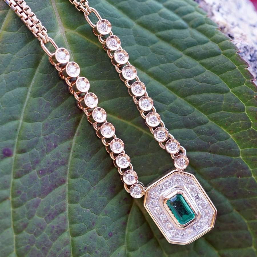Smaragd Brillant Collier 750er Gelbgold Platin...super elegant..0.58 ct W SI