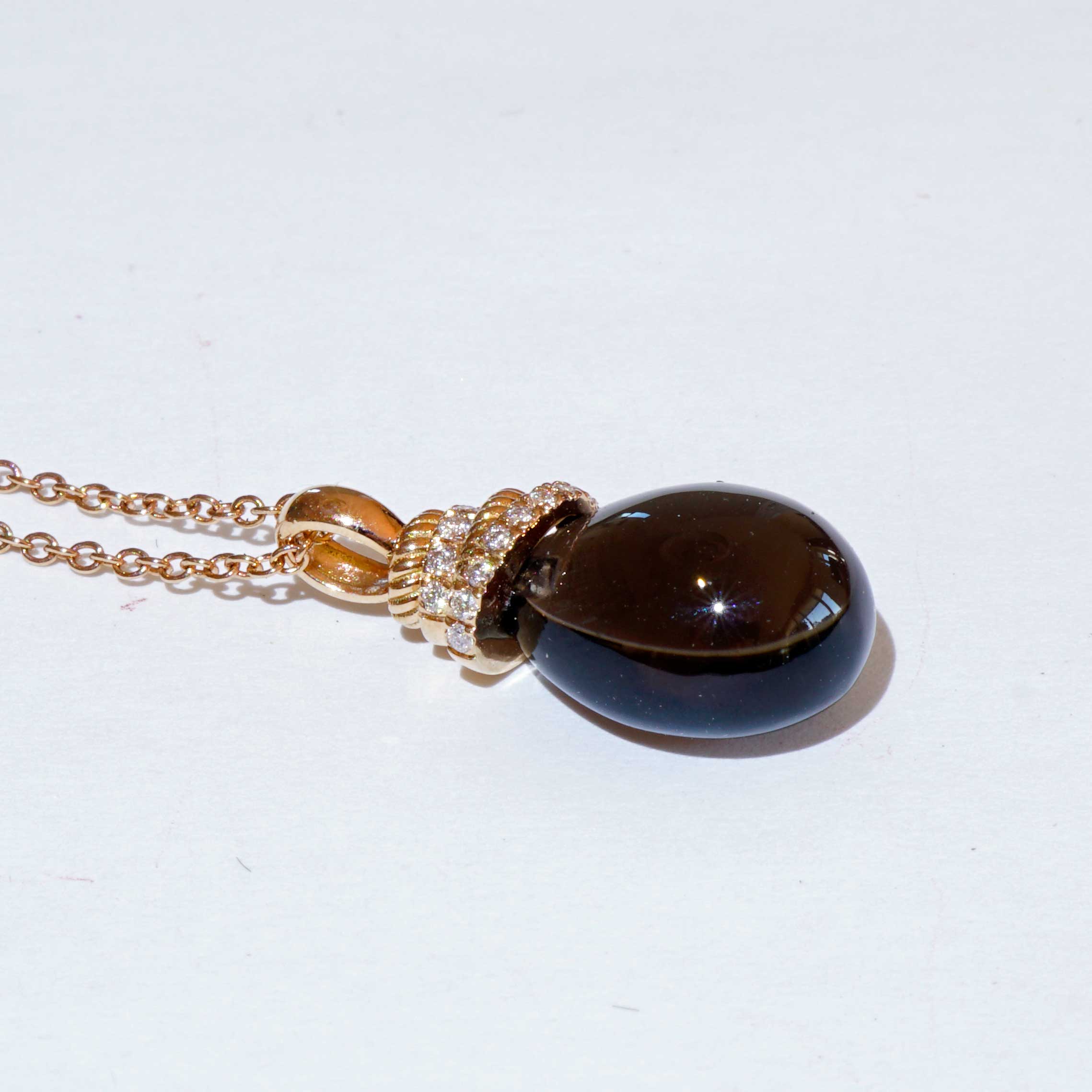 Für Segler...Rauchquarz Brillant Anhänger mit Kette 750er Rosegold...zarte Knotenform mit Drop 