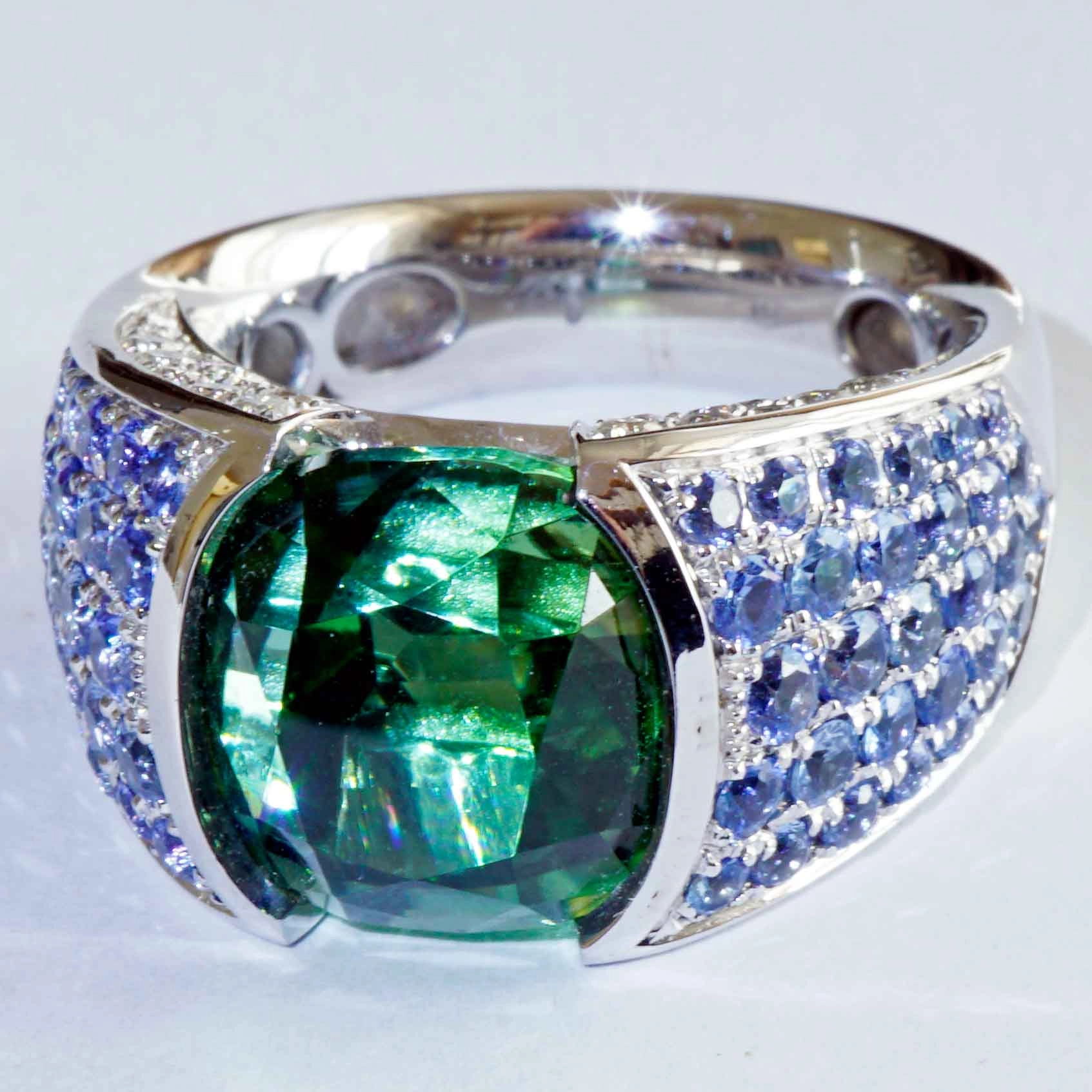 Lagoon Green Turmalin Saphir Brillant Ring 750er Weissgold Afghanistan 12.56 ct AAA+