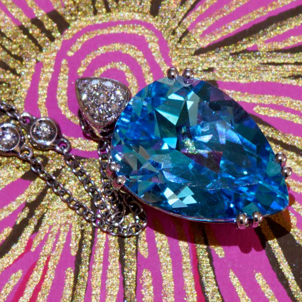 Blautopas Brillant Anhänger 750er Weissgold 14 ct 0.11 ct ...Aqua Wasser Brillanz Tropfenform 