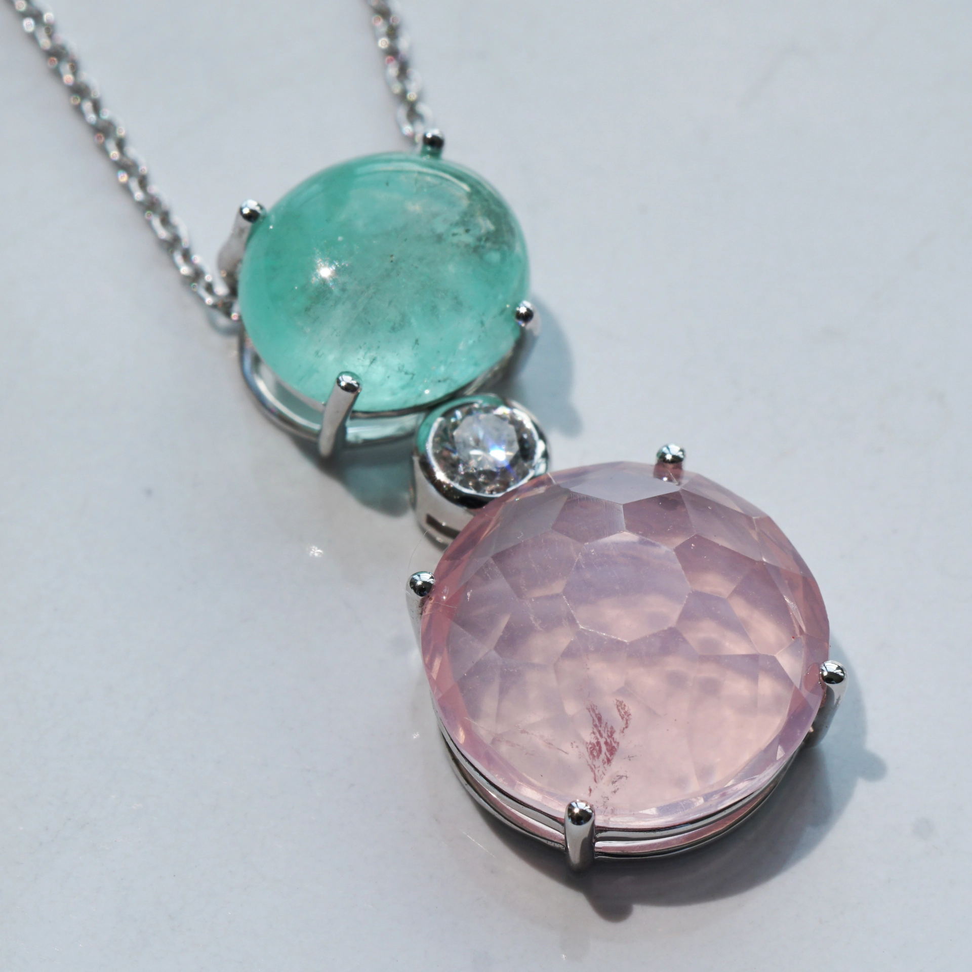 Smaragd Rosenquarz Brillant Anhänger mit Kette 750er Weissgold ...romantic story