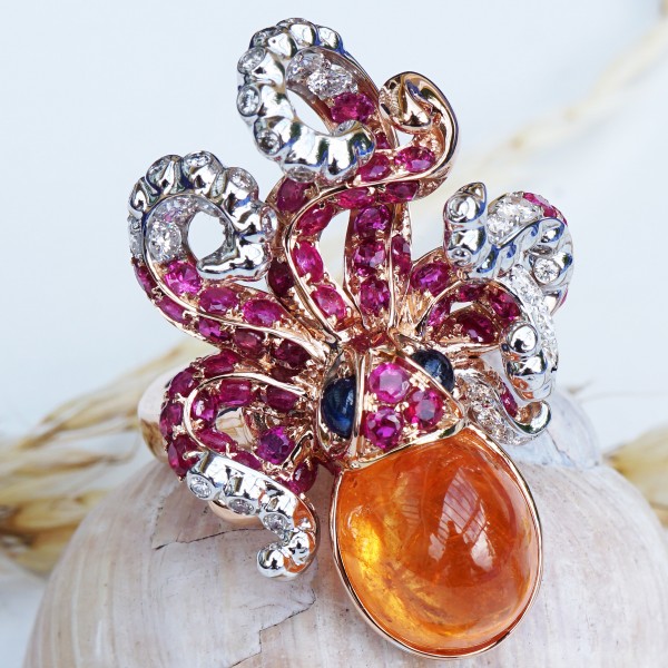 Juwelierskunst Oktopus Ring 750er Gold Mandaringranat Saphir Rubin Brillant