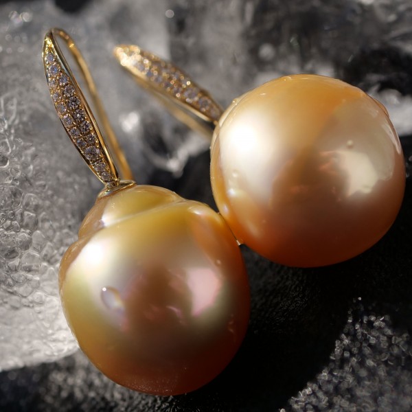 Natural Golden Southsea Pearl Earrings with Diamonds...14-16 mm ...huge